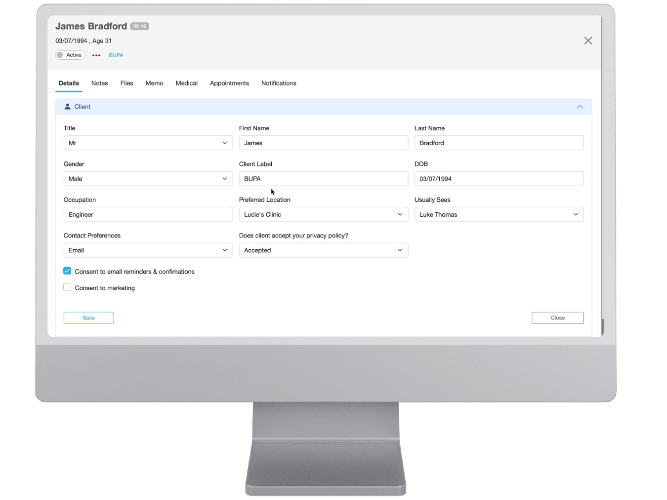 Computer monitor displaying patient health records organised using Smilenotes practice management software.