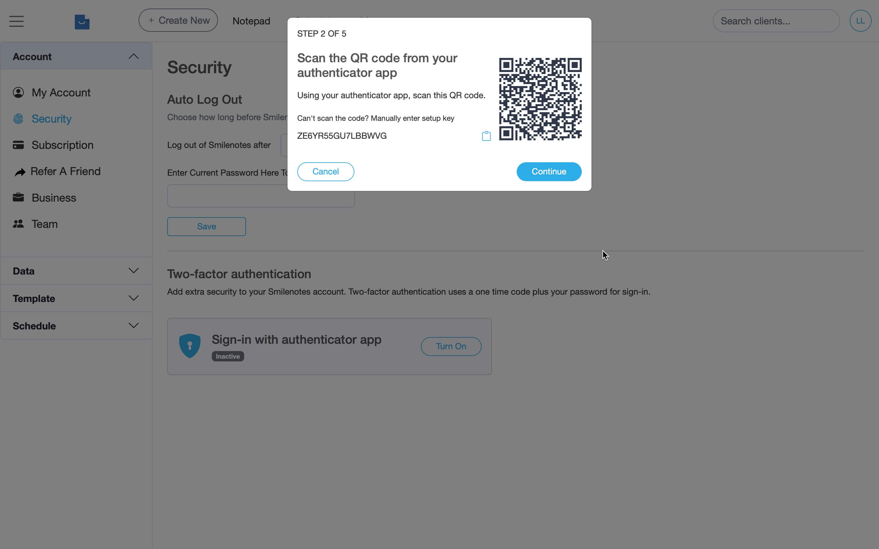 Smilenotes security settings page displaying QR code for setting up two-factor authentication with an authenticator app.