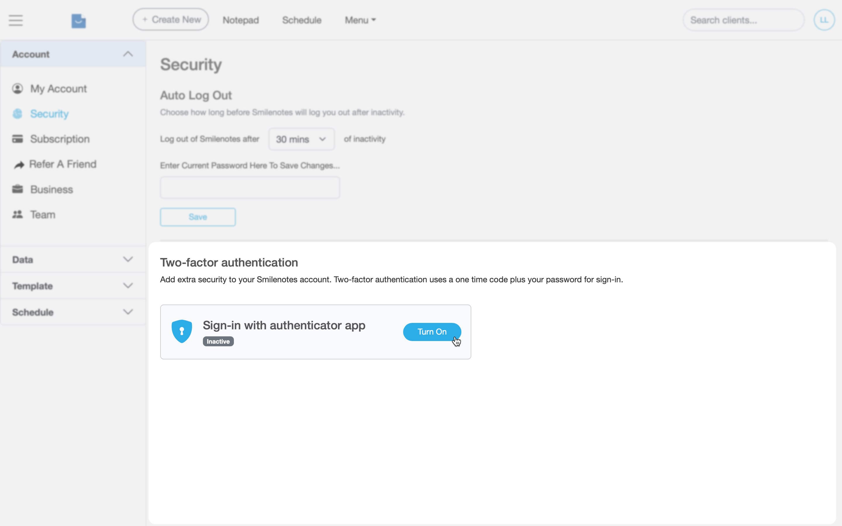 Smilenotes security settings page showing the option to enable two-factor authentication (2FA).