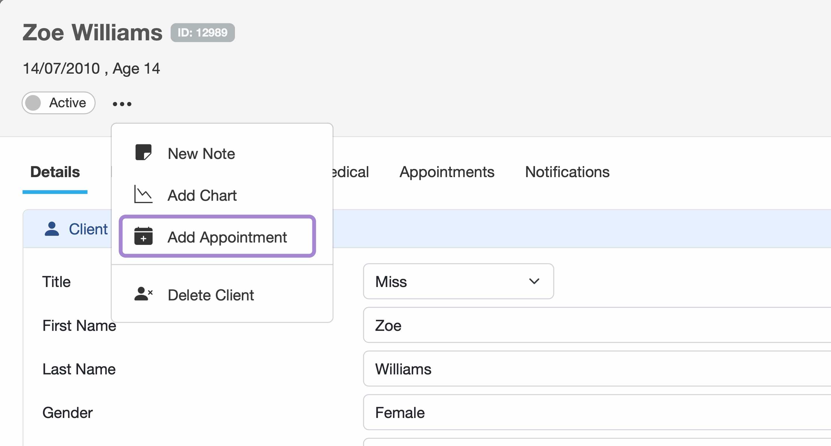 Add appointment button inside the client profile in Smilenotes