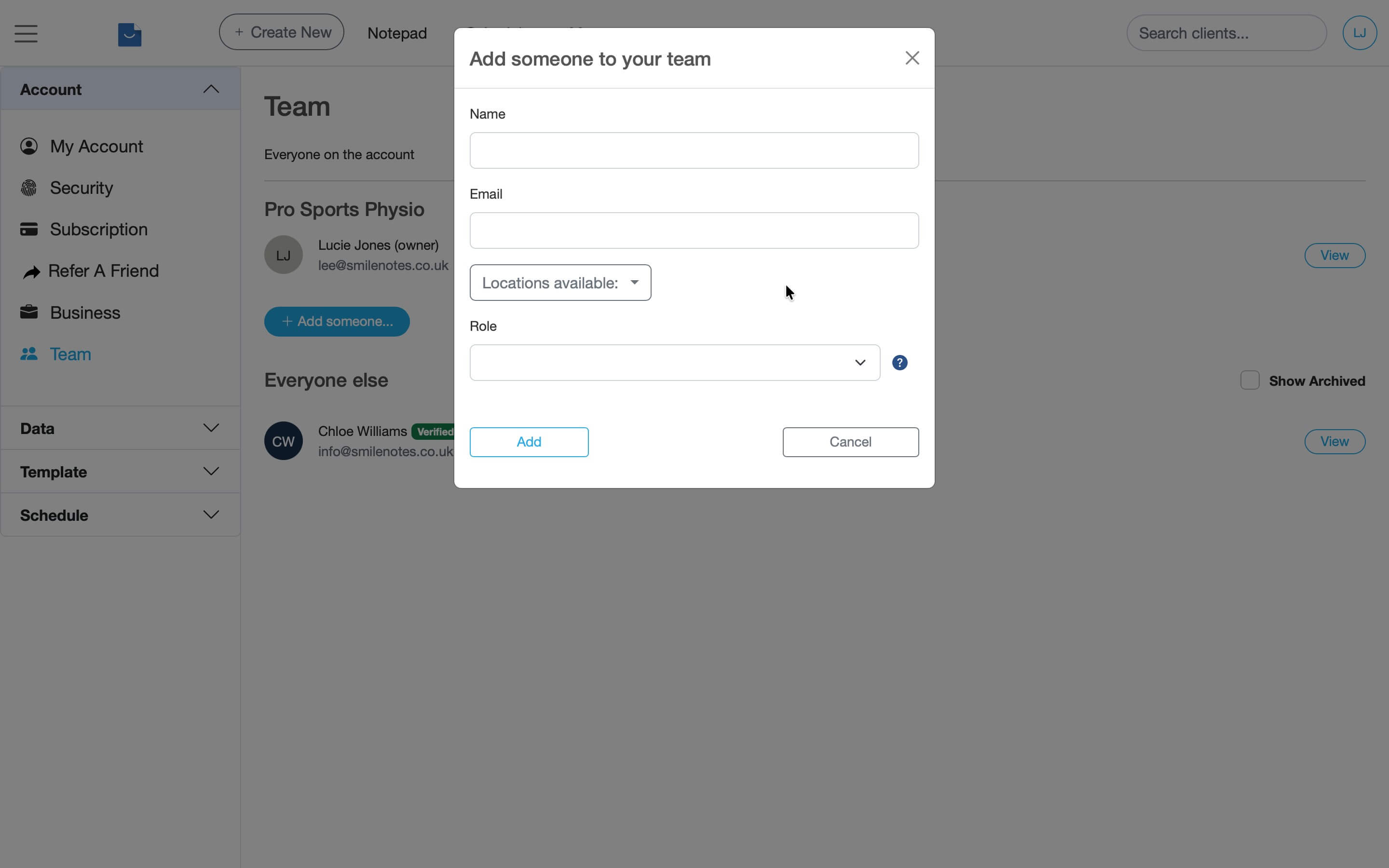 Team page in Smilenotes showing the Add someone button used to invite staff.
