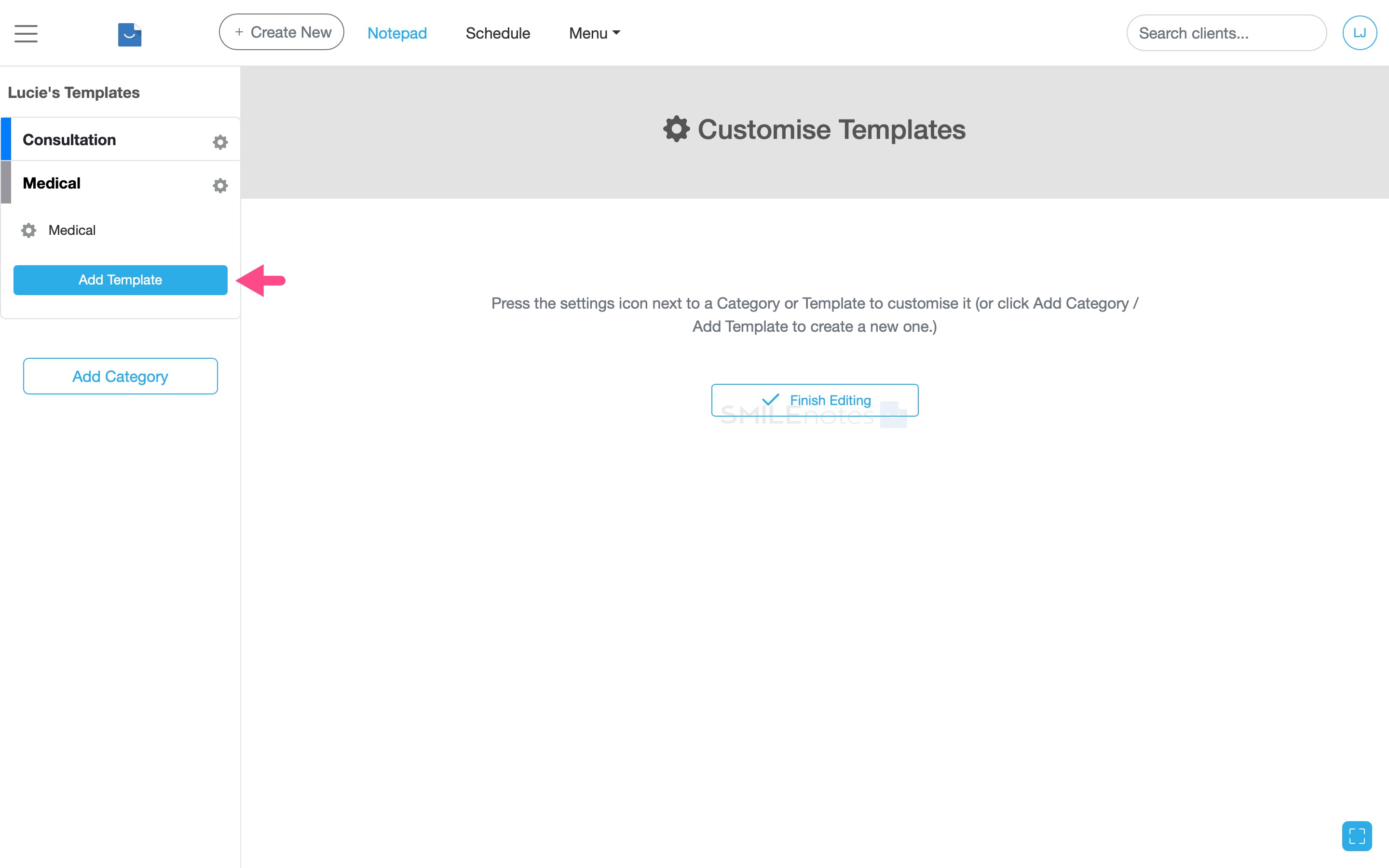 Customise Templates screen with the Add Template button highlighted under a Category