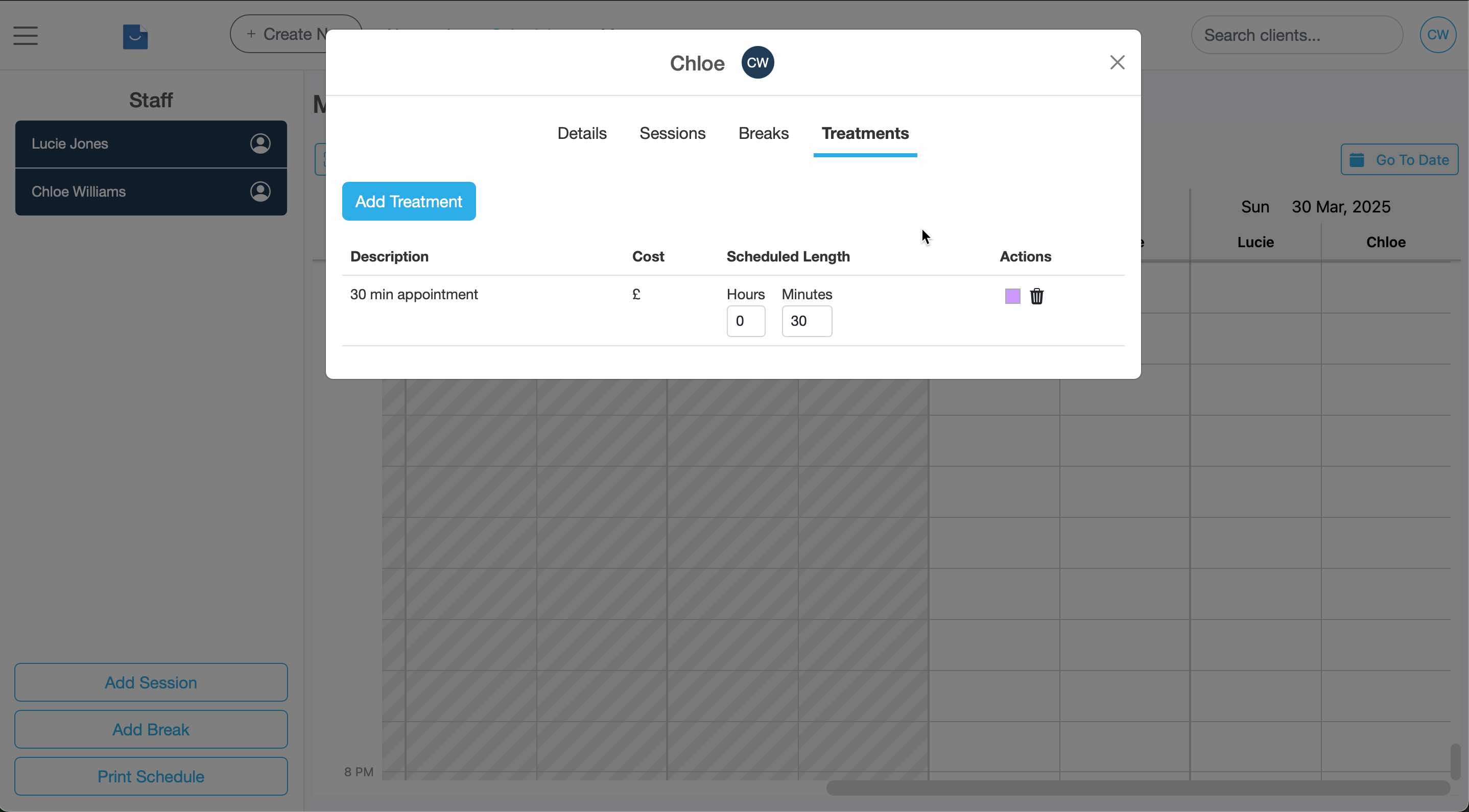 Team member profile in Smilenotes showing the Treatments tab.