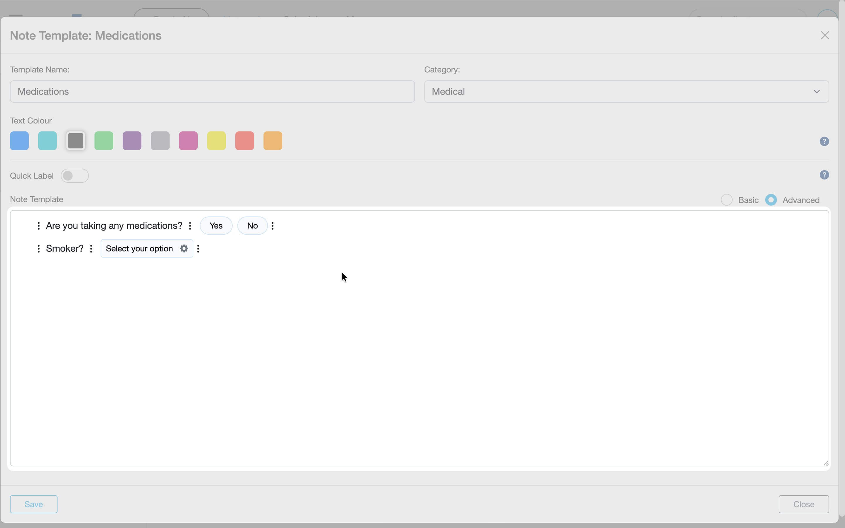 Advanced note template editor showing Yes/No buttons and a dropdown field inside the template