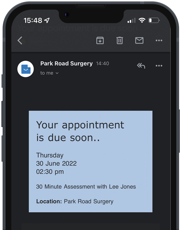 Appointment reminder email opened on a smartphone showing appointment date, time, clinician and clinic location
