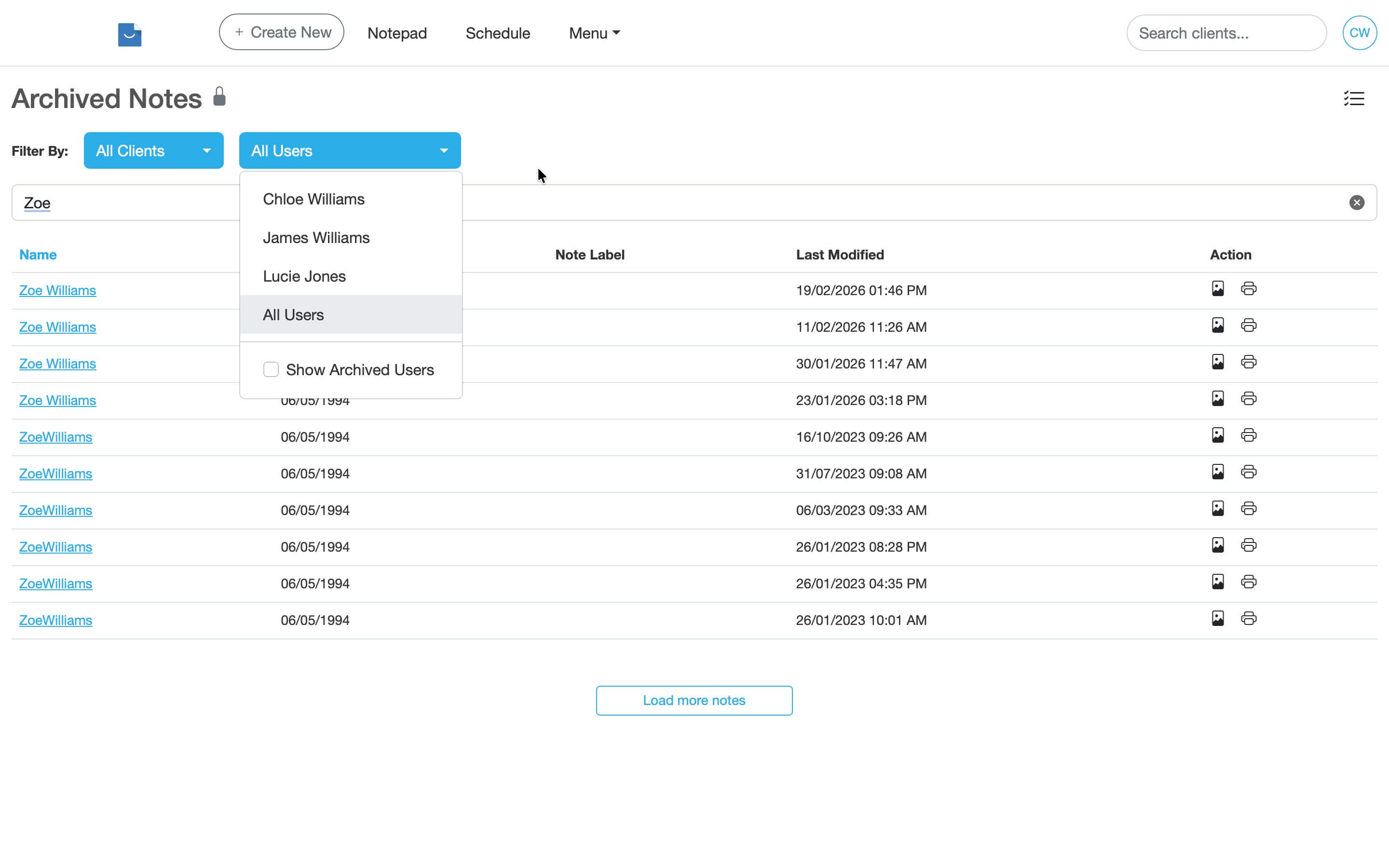 Filter dropdown on the Archived Notes page in Smilenotes used to narrow the list of archived notes