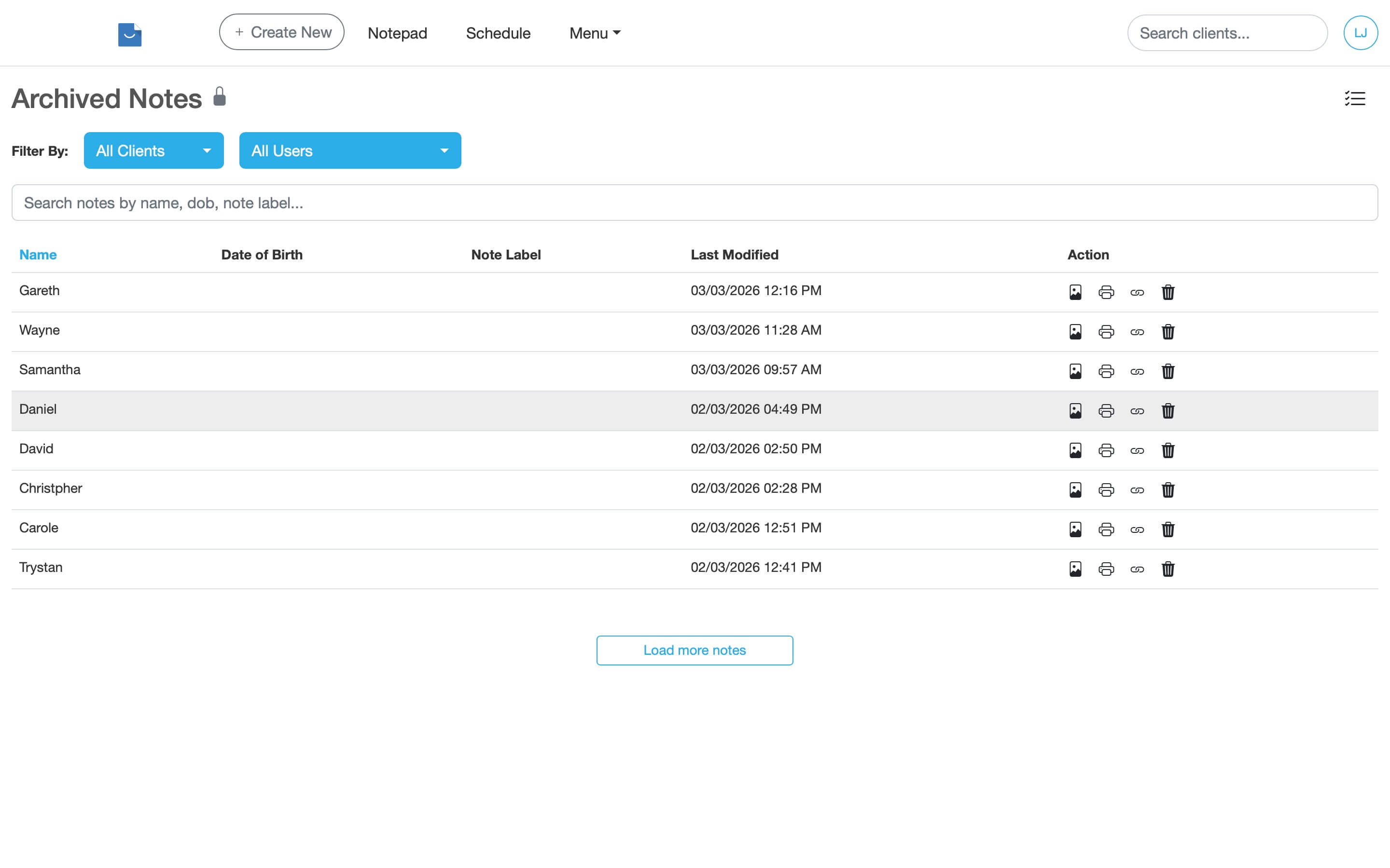 Archived Notes page in Smilenotes showing a client search box, filter dropdown, archived note list and action icons