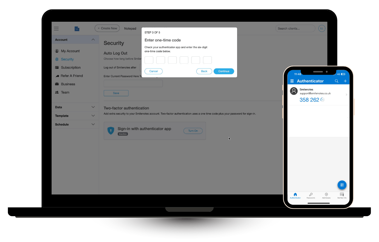 Authenticator app displaying a 6-digit code to use for enabling two-factor authentication in Smilenotes.