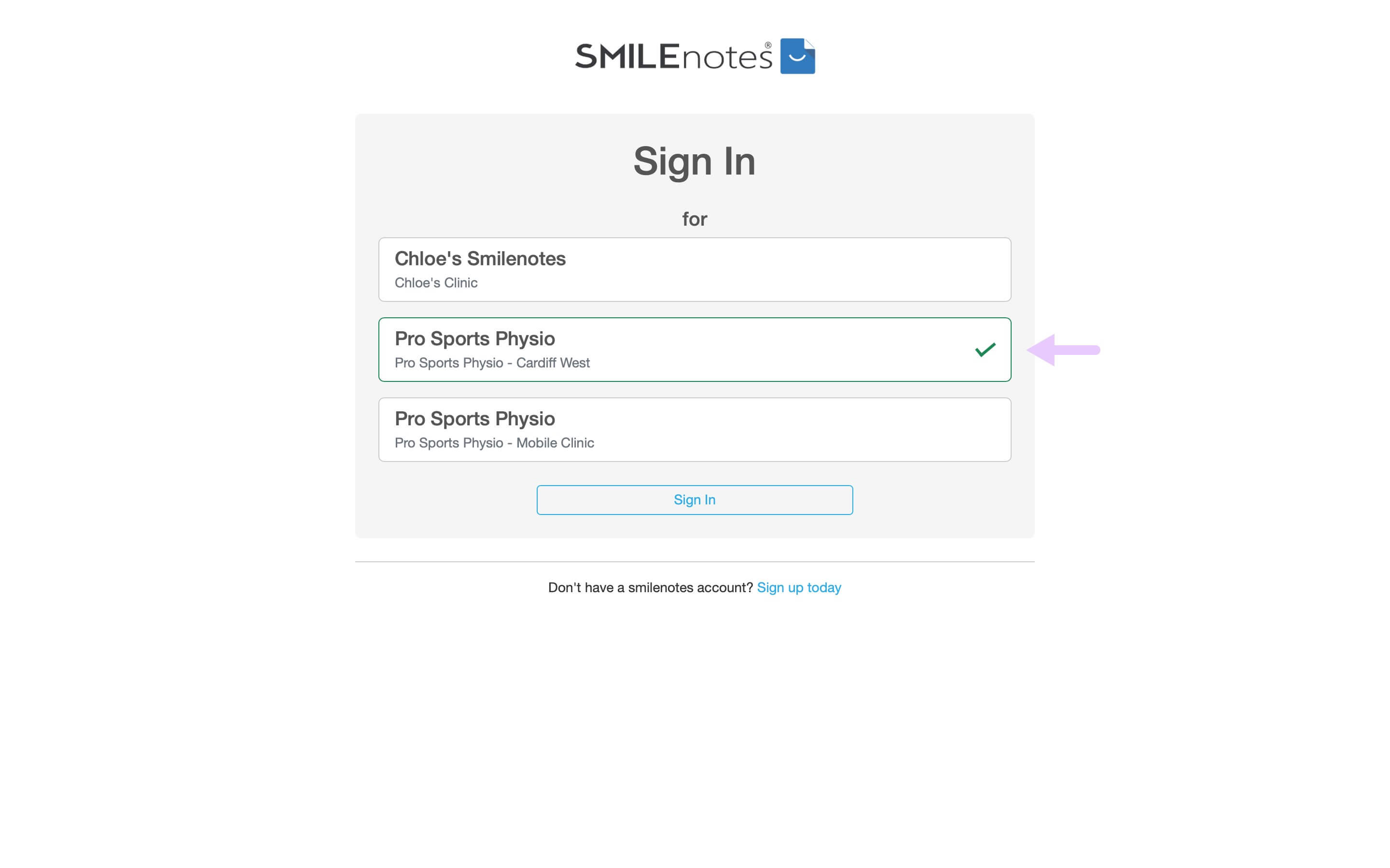 Smilenotes login screen showing two workspace options before signing in