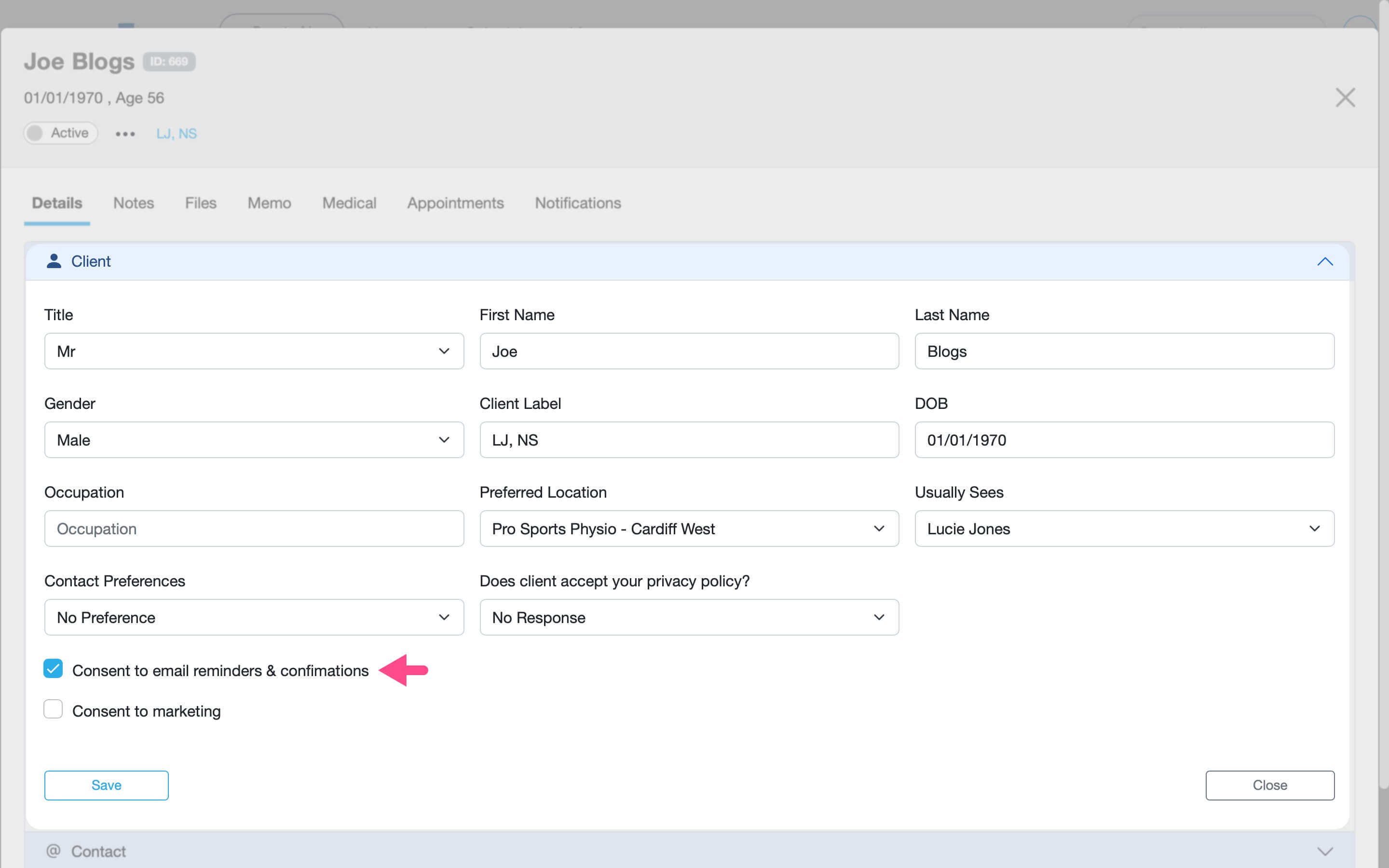 Client profile settings in Smilenotes showing the checkbox for consent to email reminders and confirmations