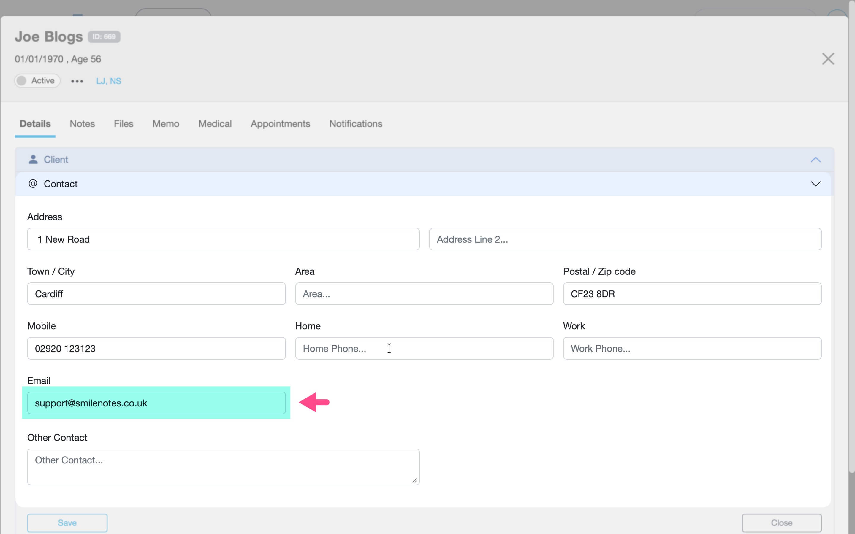 Client profile contact section in Smilenotes showing the email address field used for appointment confirmations and reminder emails