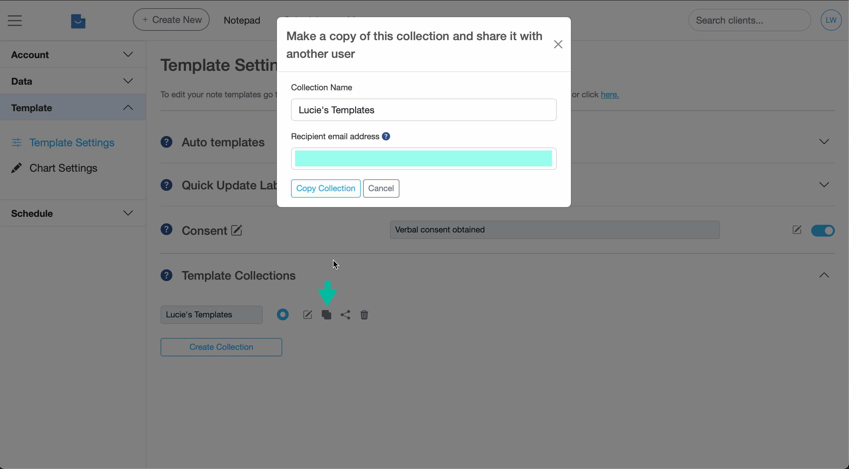Template Settings screen in Smilenotes showing the Copy Collection icon selected and a popup window to enter a recipient email address to share a template collection.