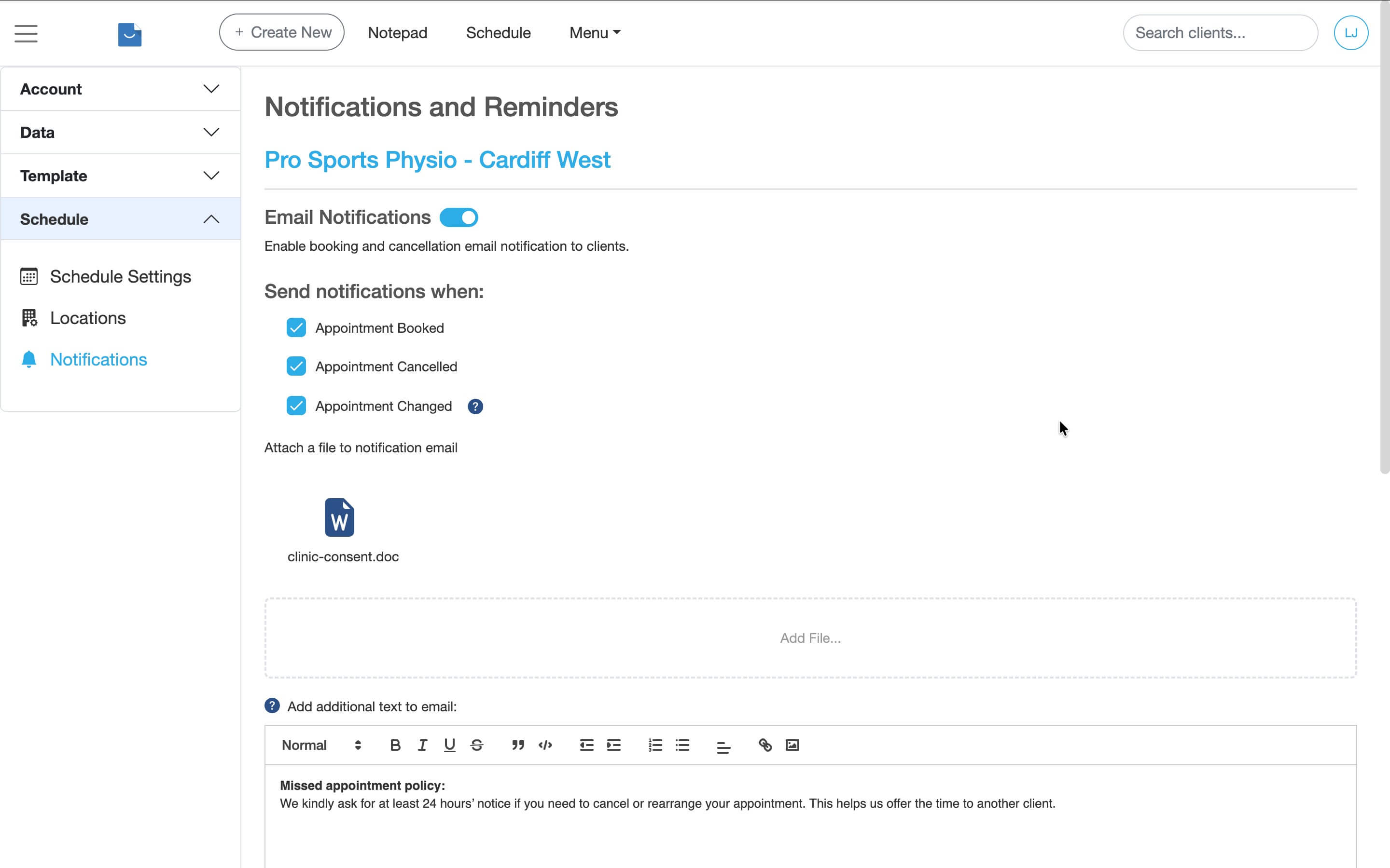 Notification and reminders settings page showing customisable options.