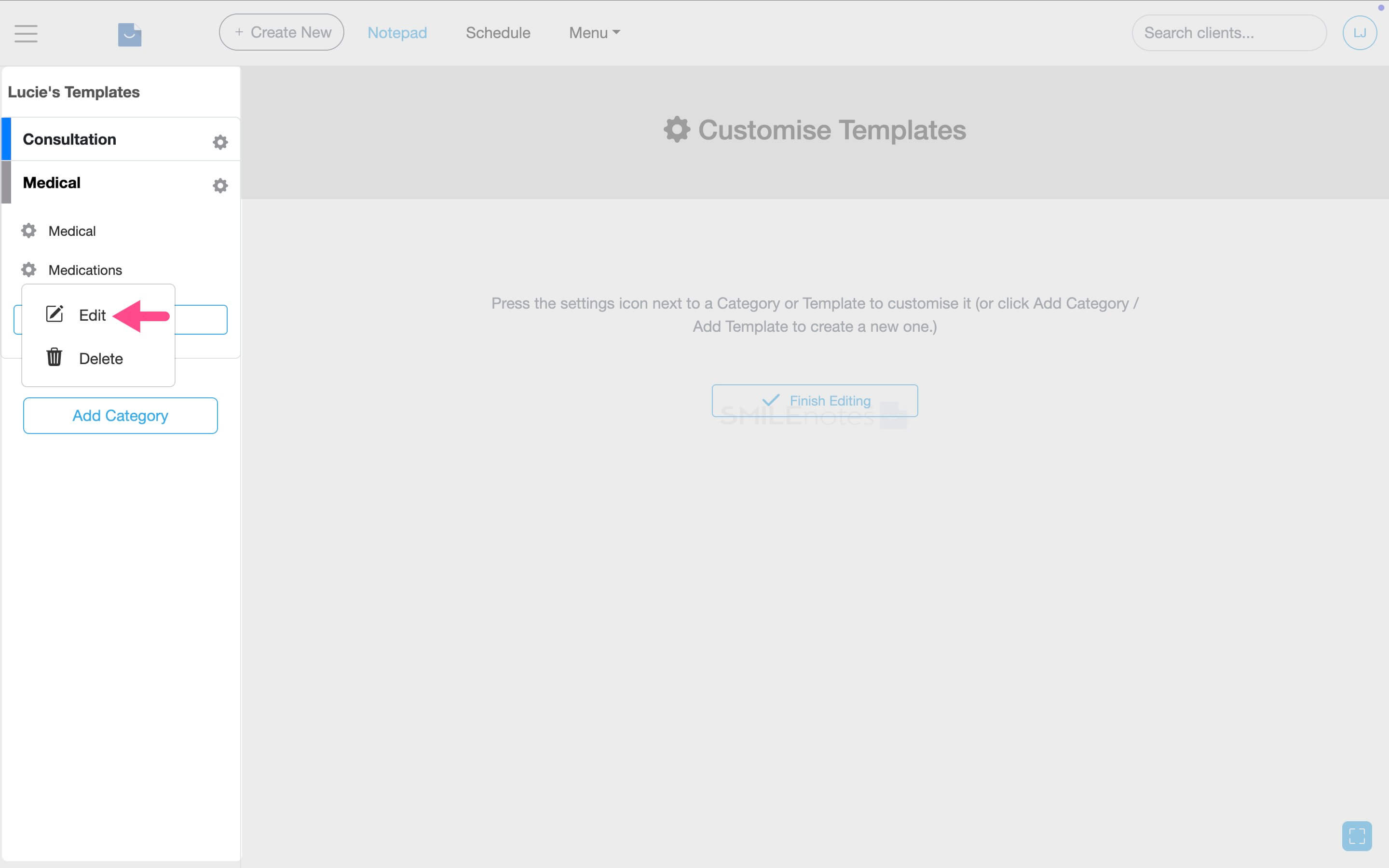 Customise Templates screen showing the settings menu open with the Edit option selected for a template