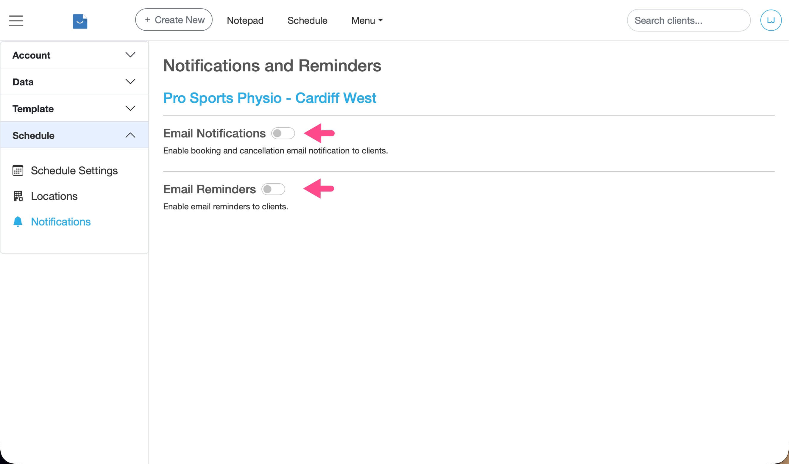 Notifications and Reminders settings page in Smilenotes showing toggles to enable email notifications and email reminders for client appointments
