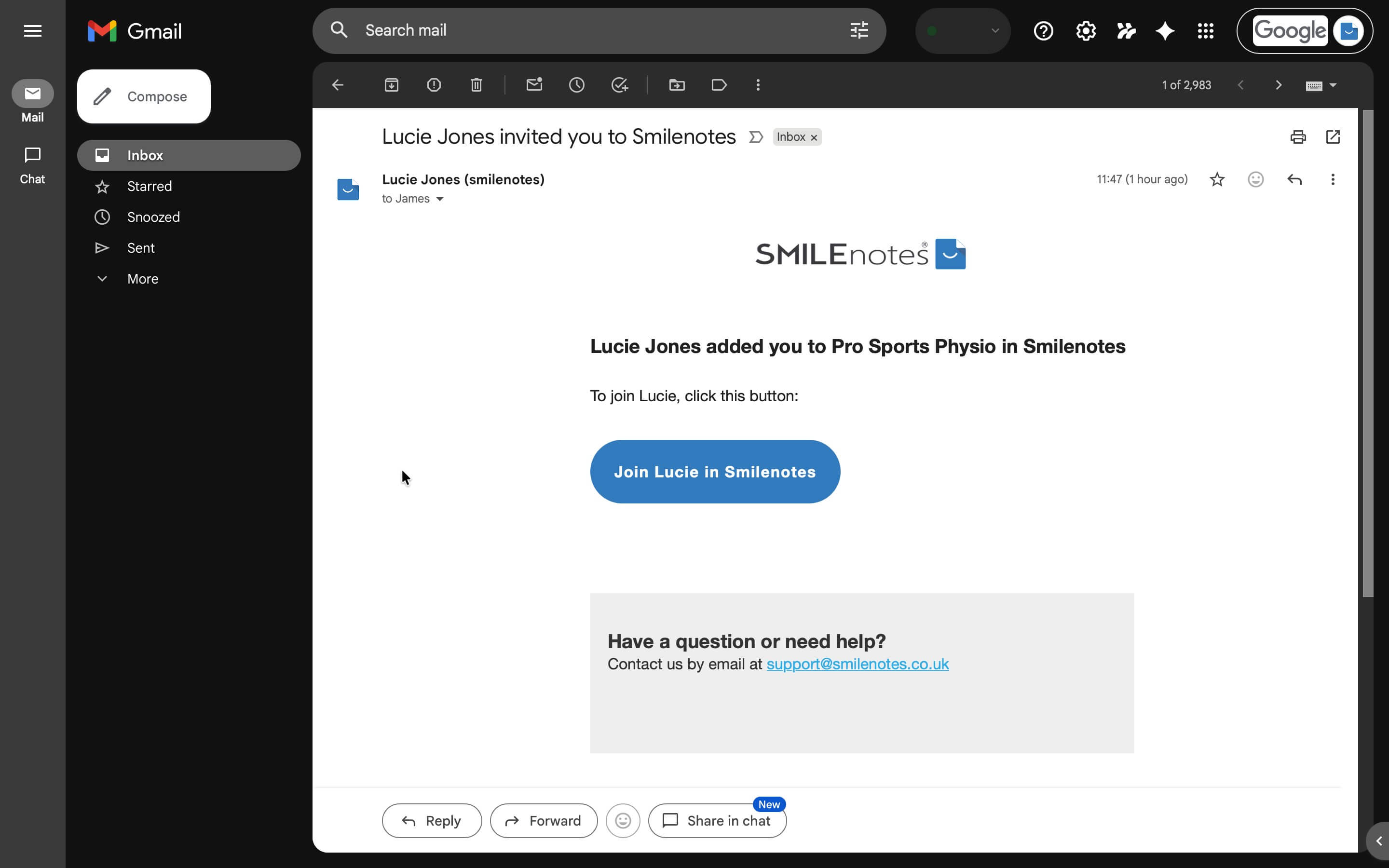 Email invitation sent to a new team member to join a Smilenotes practice.