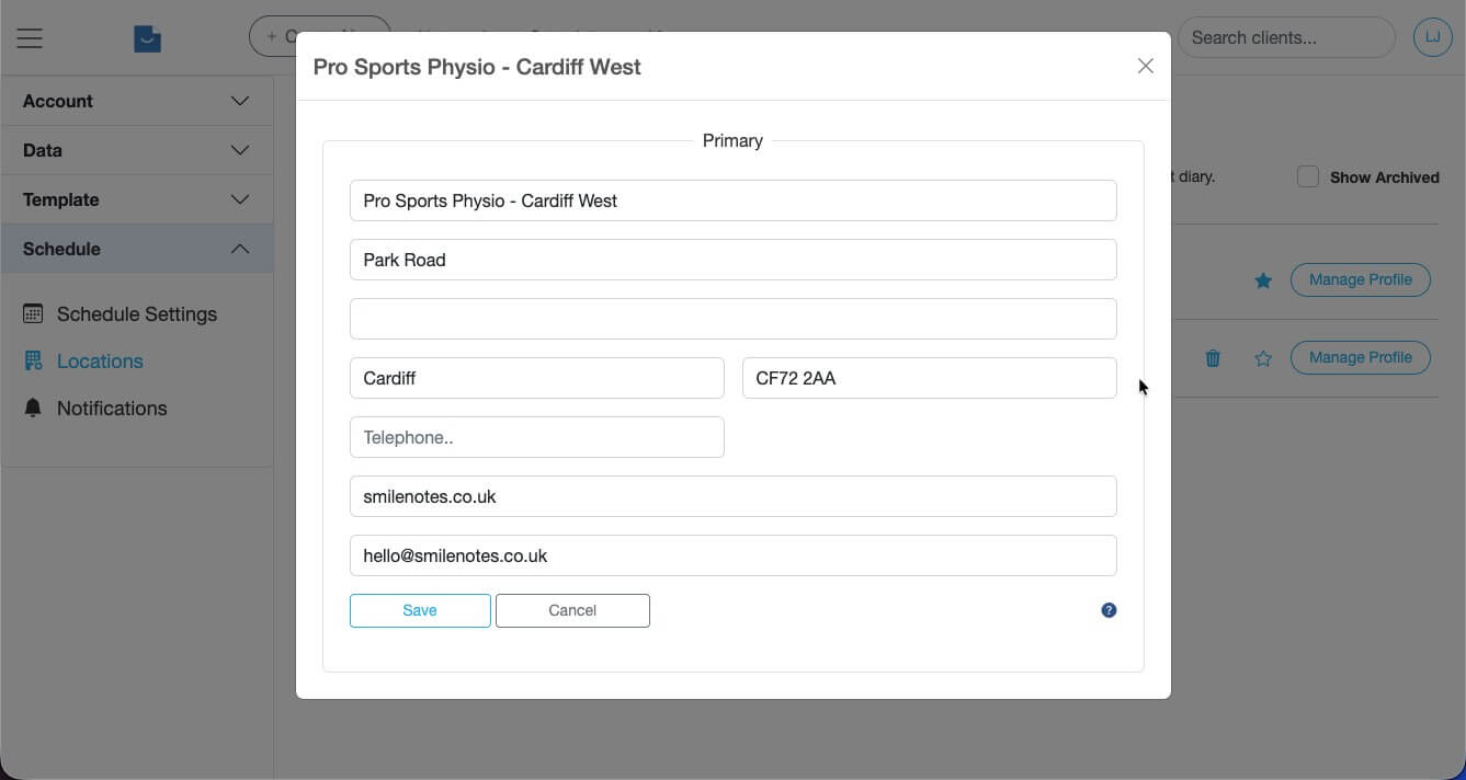 Manage Location profile screen in Smilenotes with fields for practice name, address and email contact details.