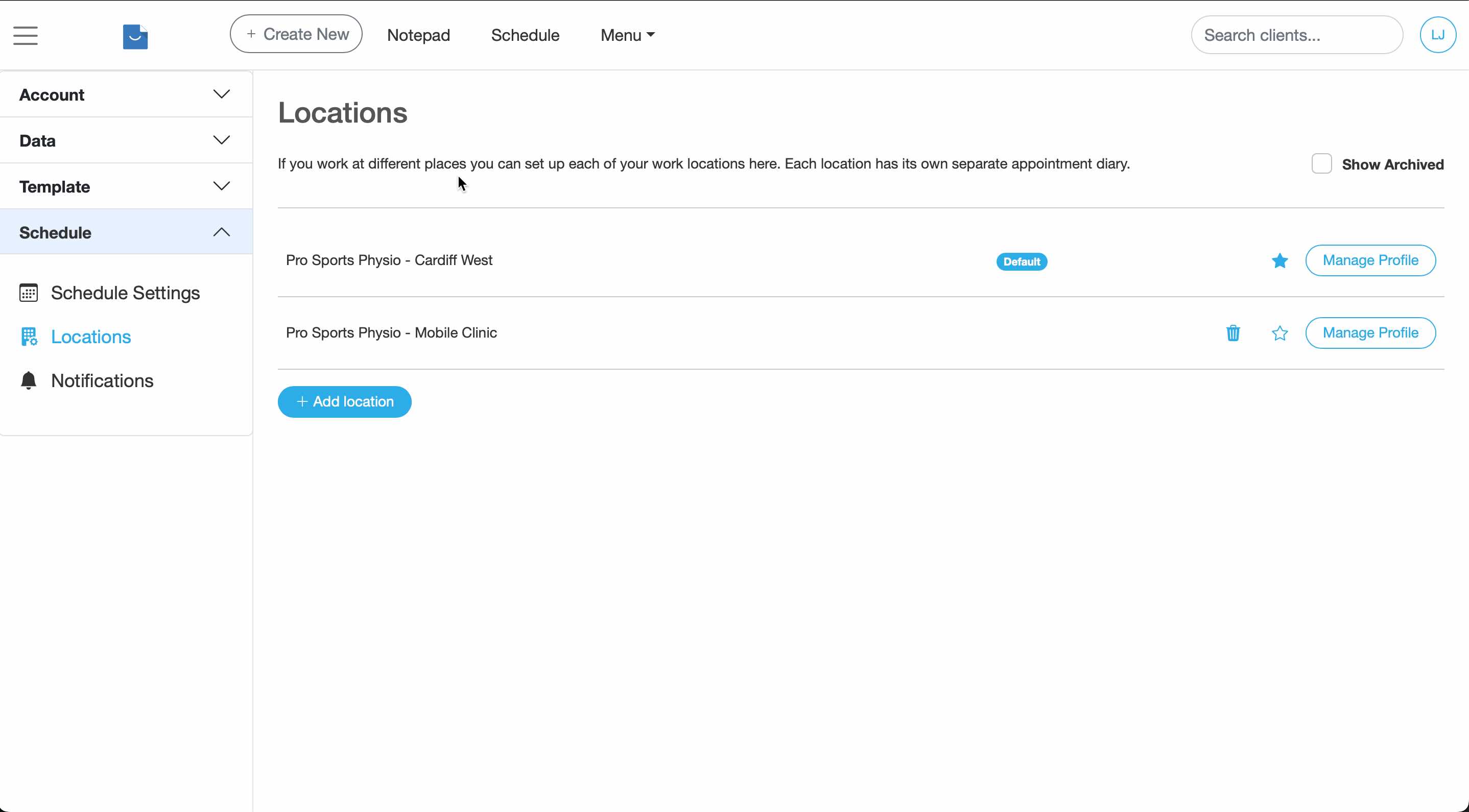 Locations settings page in Smilenotes showing existing practice sites and the Add Location button.
