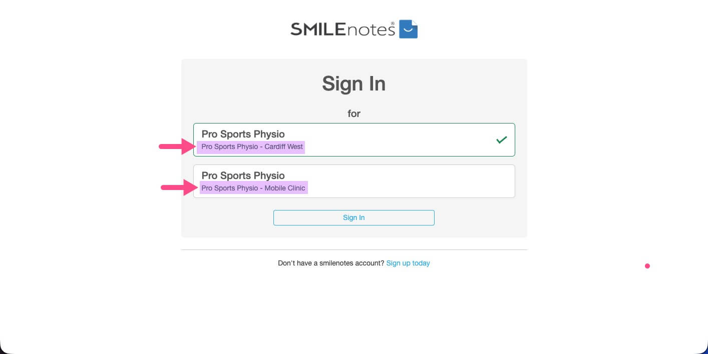 Smilenotes login screen showing Location selection dropdown before signing in.