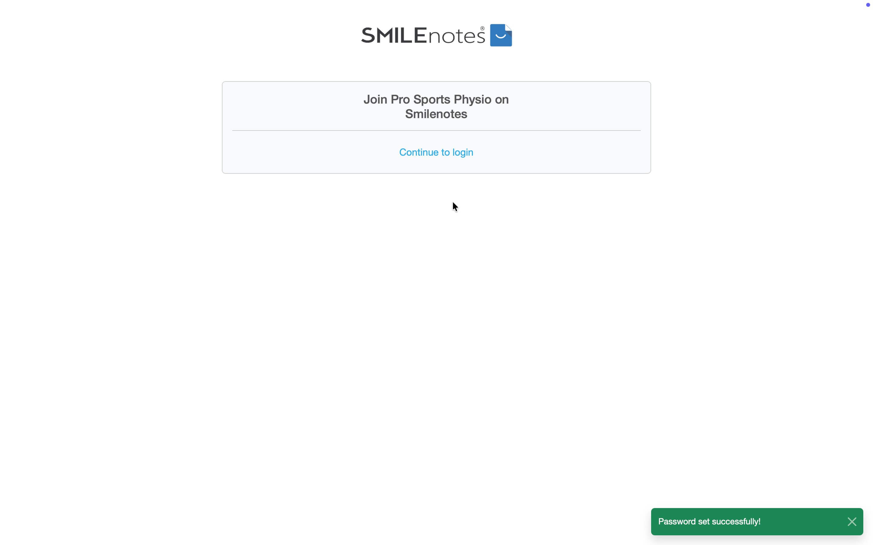 Confirmation screen after successfully setting a password when joining a Smilenotes team.