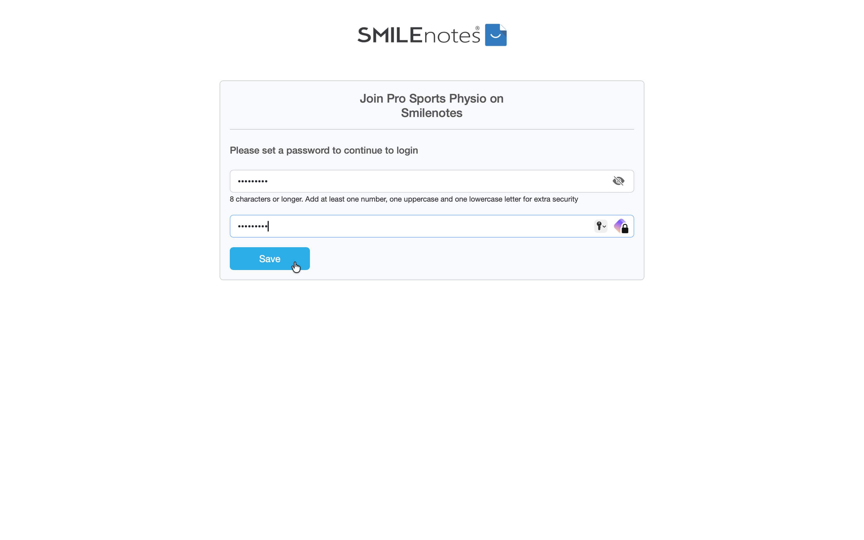 Password creation screen for a new Smilenotes account during team invitation setup.
