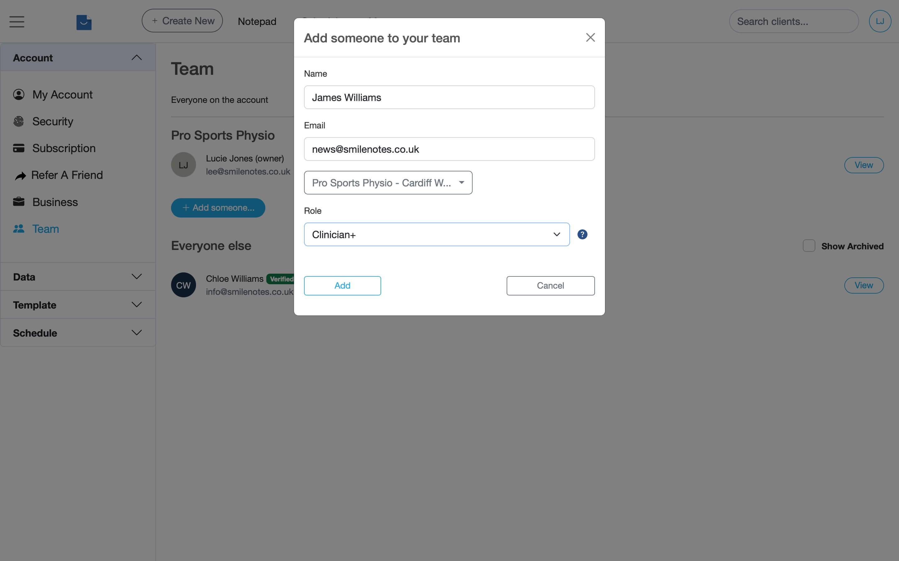 Form for entering a new team member's name and email address in Smilenotes.