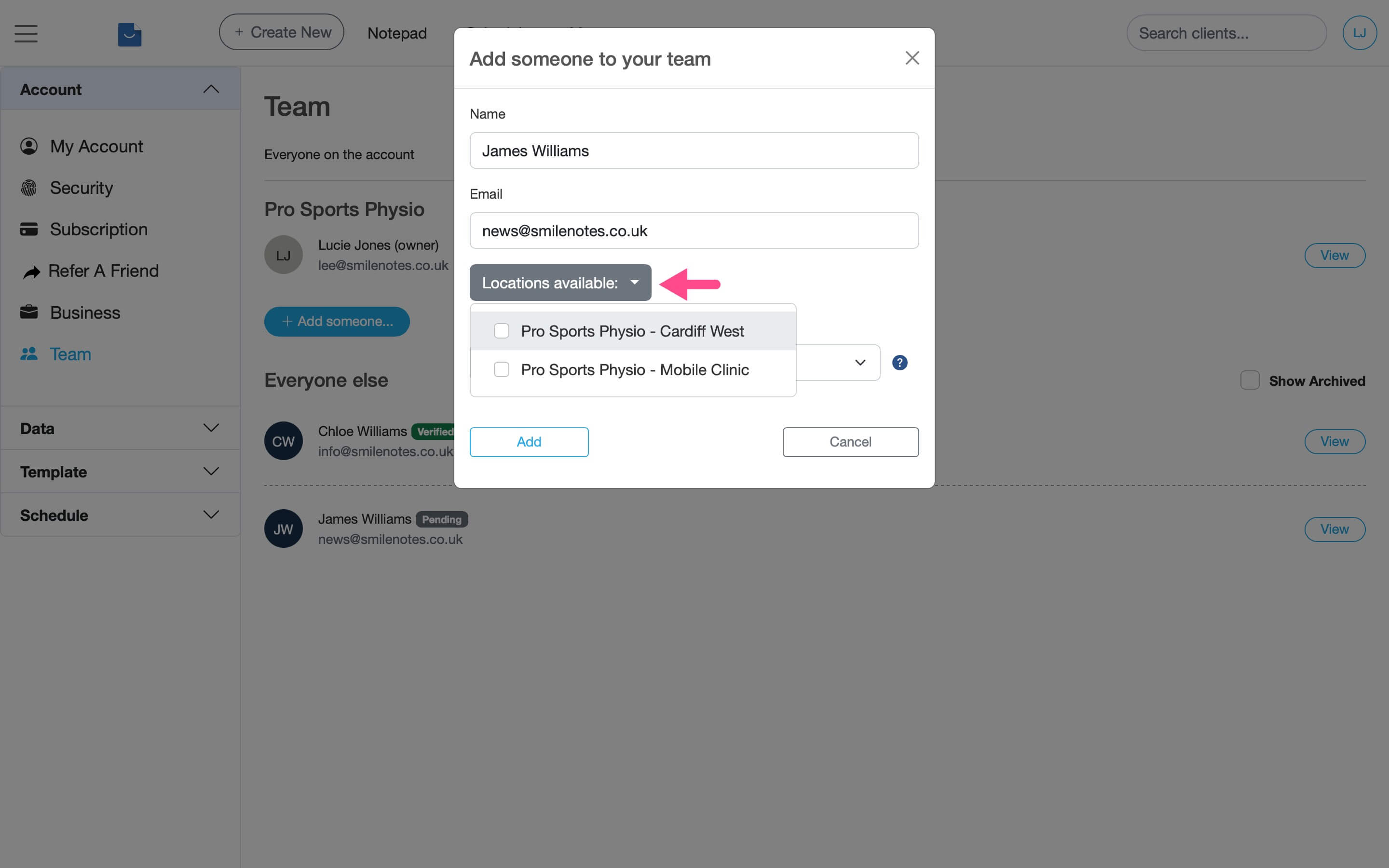 Location selector showing practice locations available to the team member.