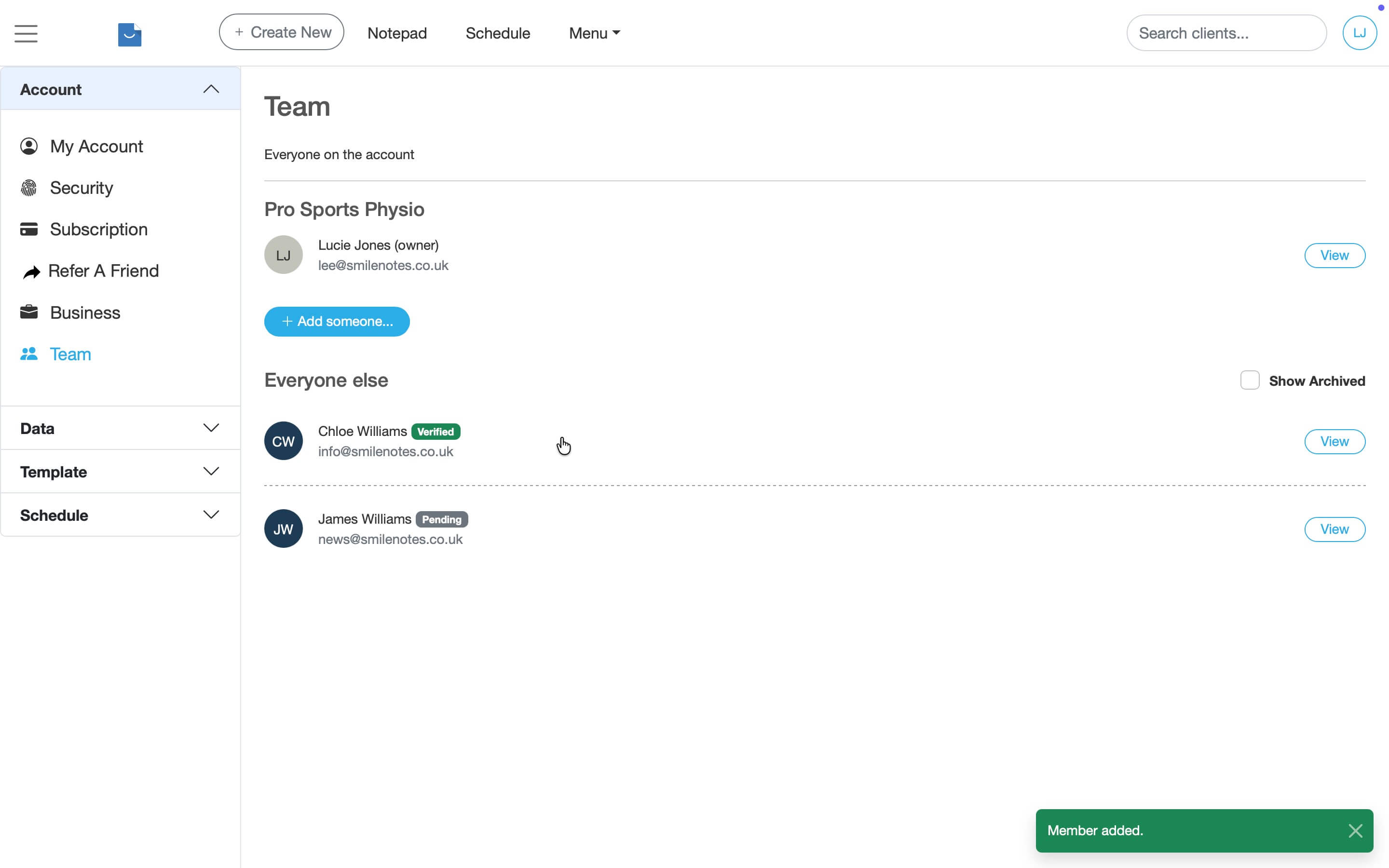 Team member listed with a Pending badge indicating the invitation has not been accepted.