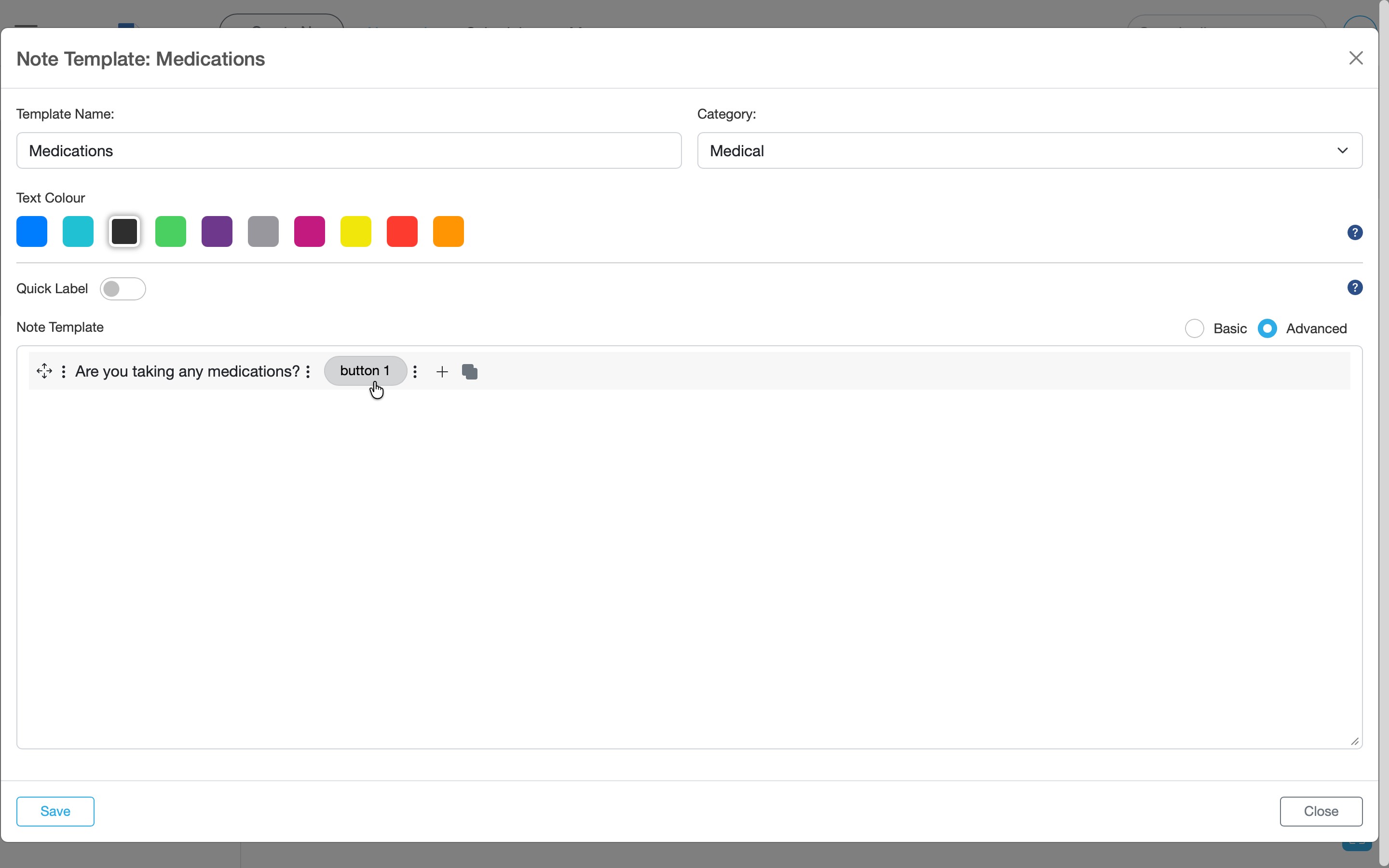Template builder showing the Add Button option selected