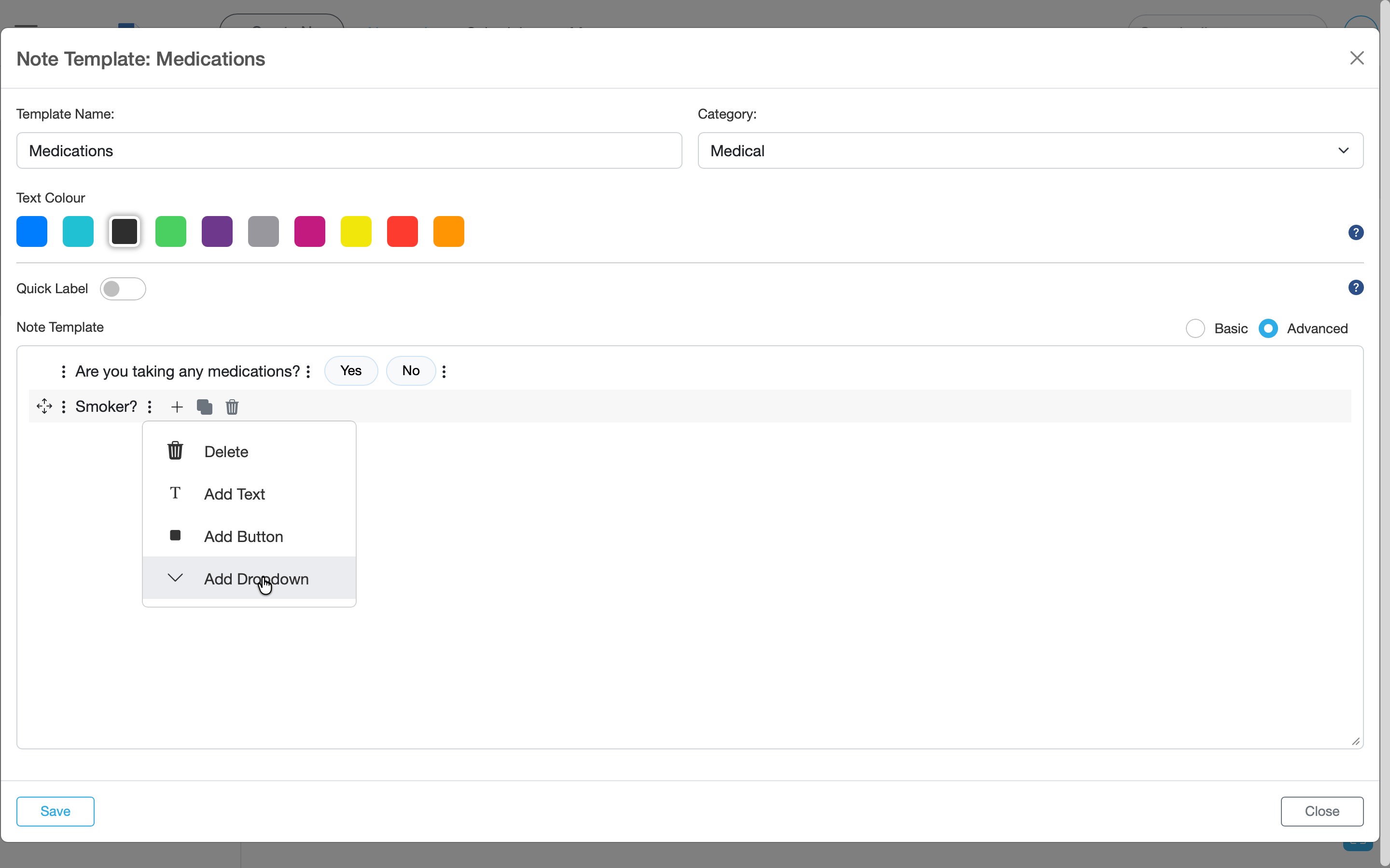 Advanced template editor menu showing Add dropdown option selected