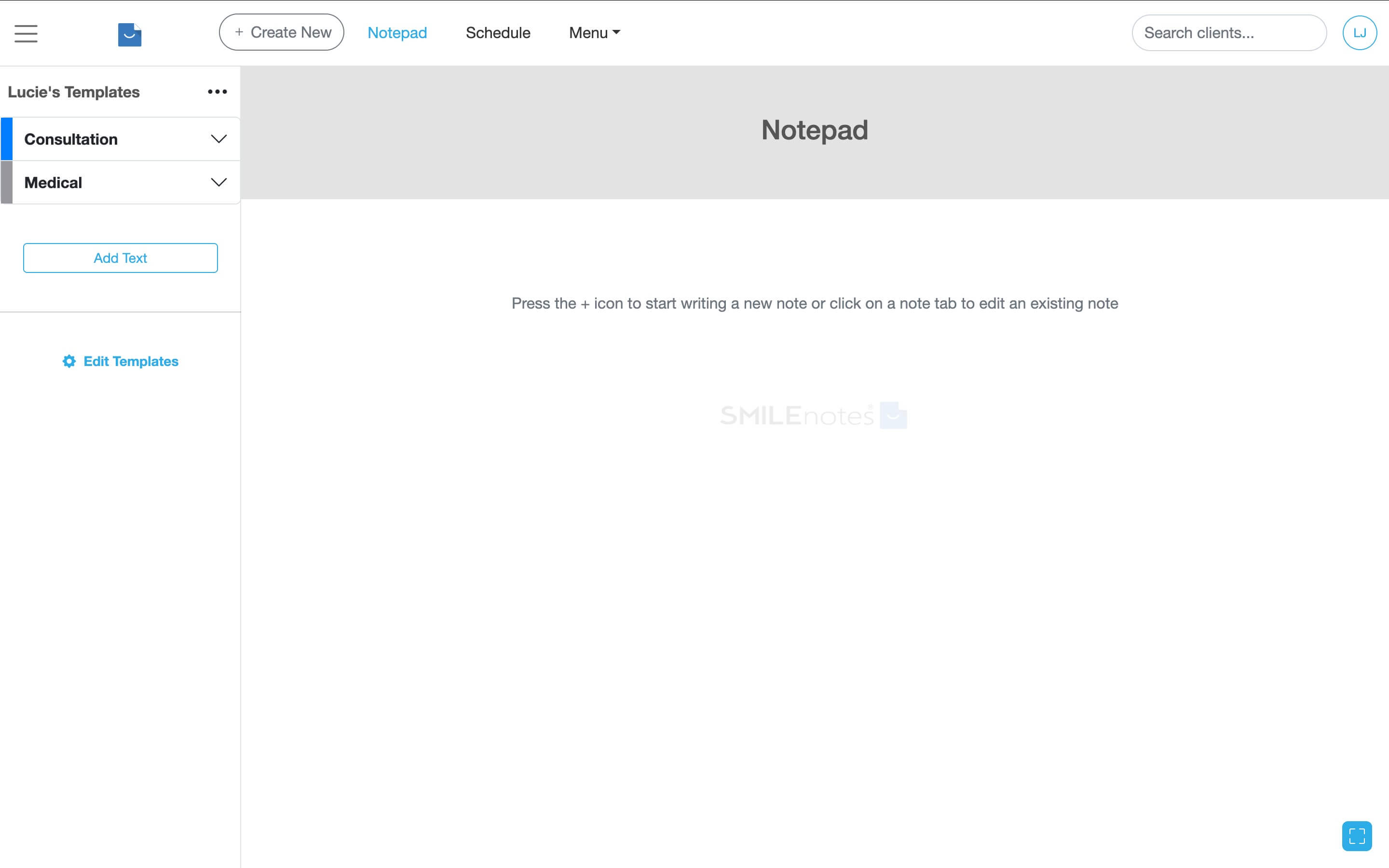 The Notepad screen in Smilenotes showing the left sidebar and note area