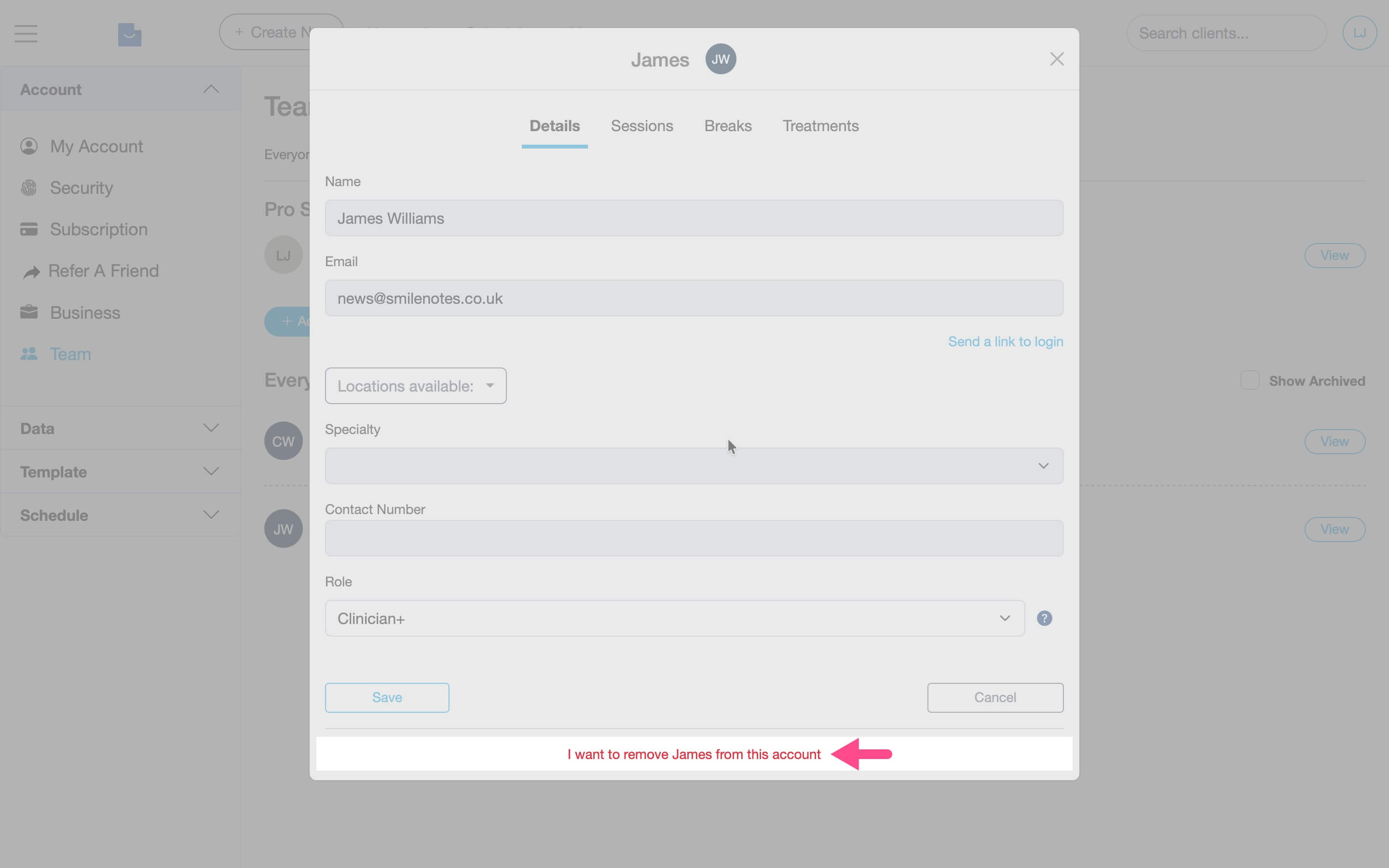 Team member profile screen showing the option to remove a member from the account.