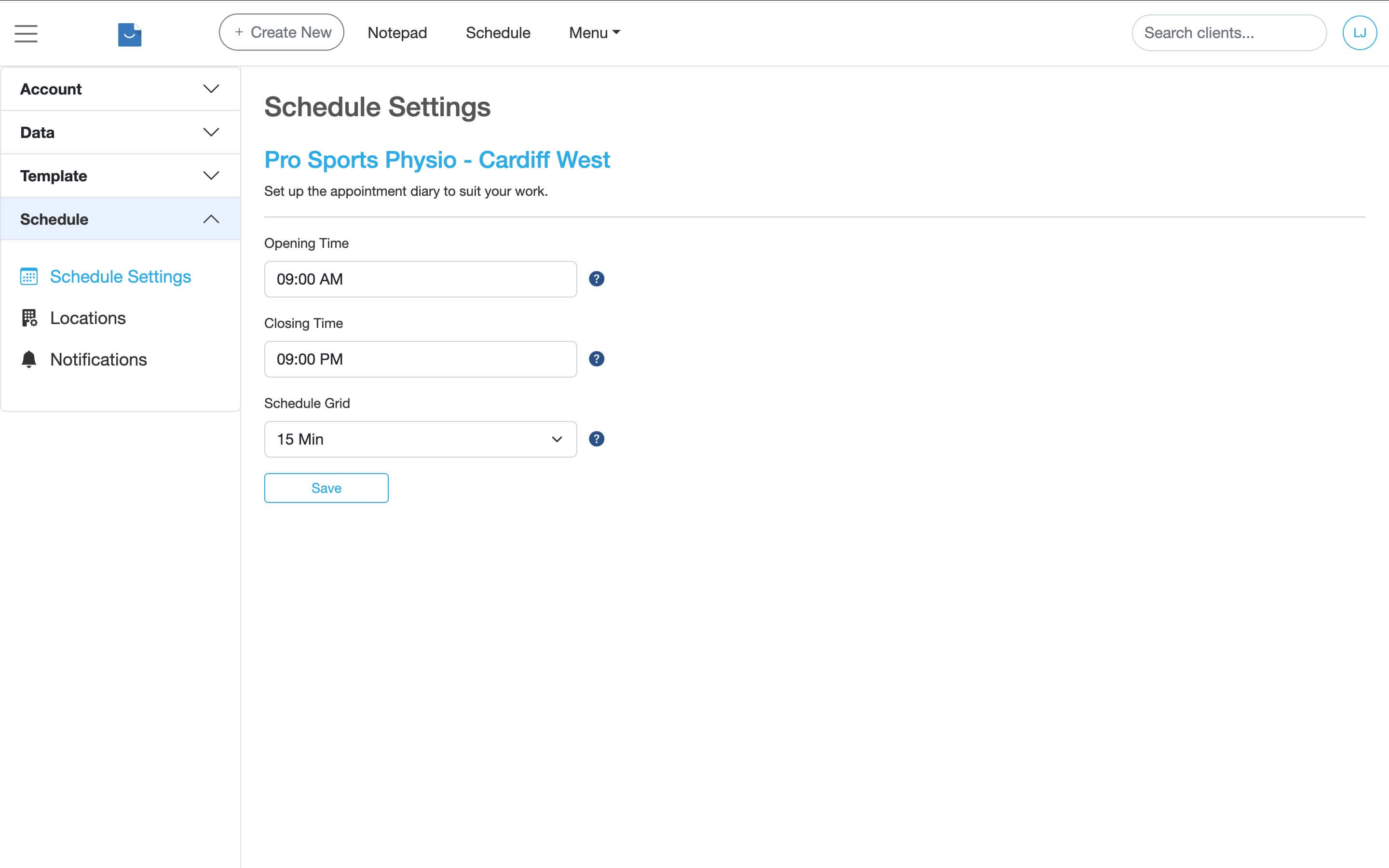 Schedule settings page showing diary increments and opening times