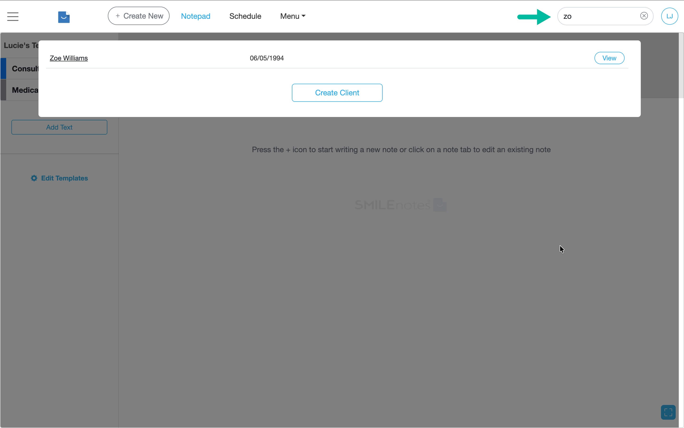 Searching for a client in the top search field