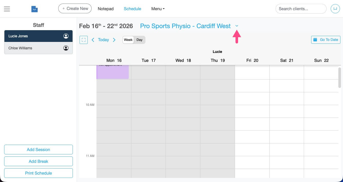Appointment calendar view in Smilenotes with Location dropdown menu used to switch between practice sites.
