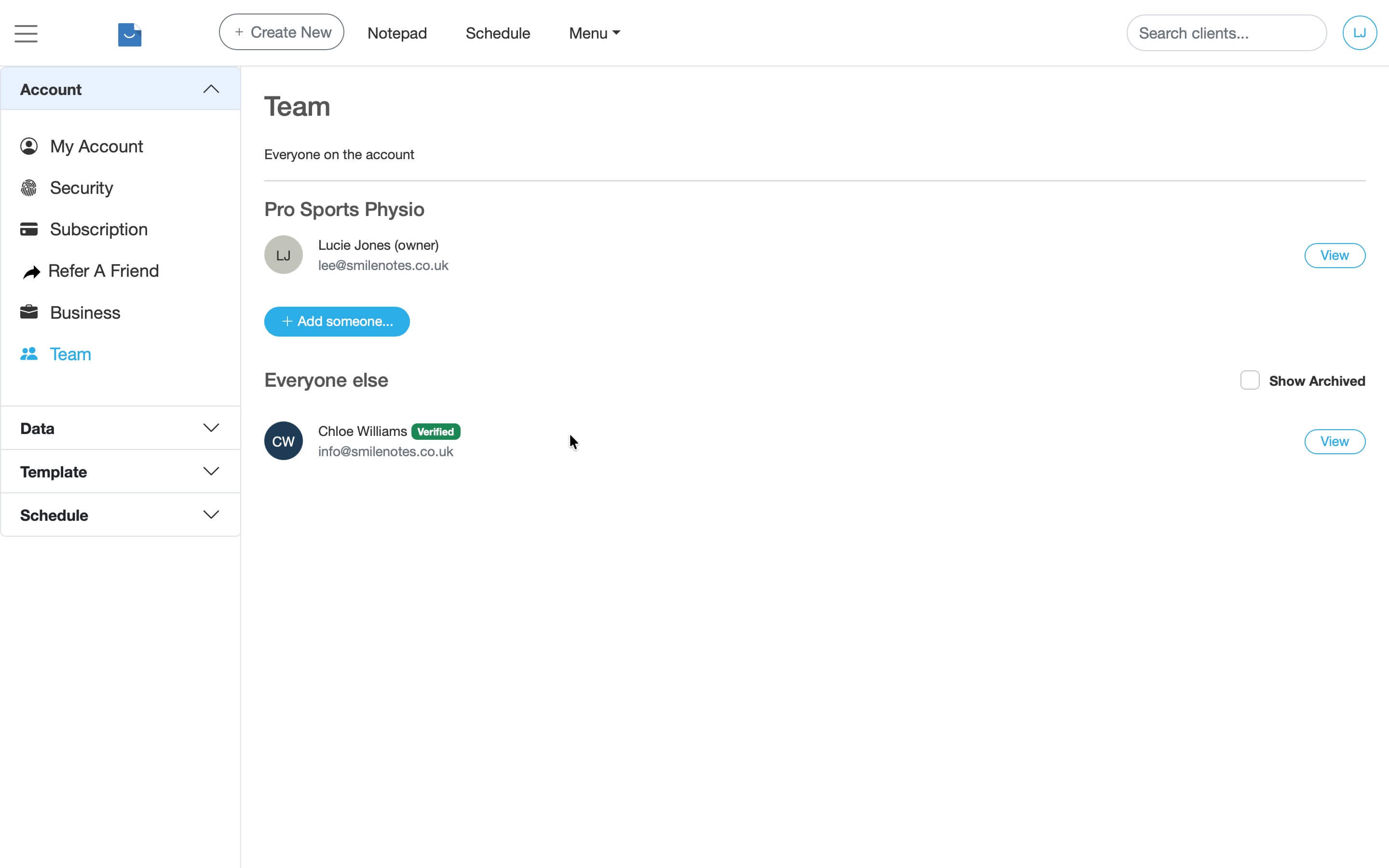 Smilenotes Settings page showing the Team tab where team members are managed.