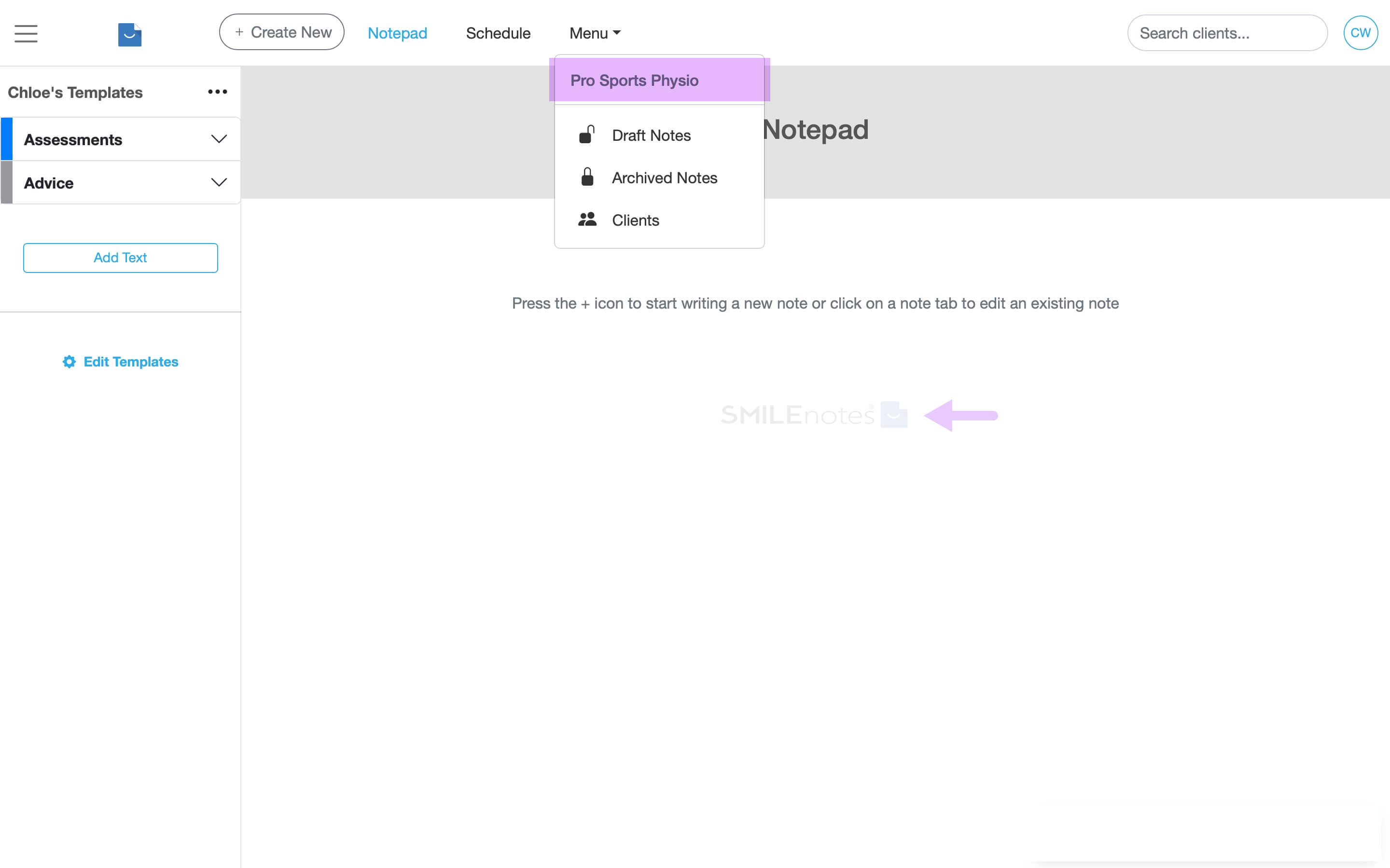 Smilenotes Notepad showing the active workspace in the navigation menu
