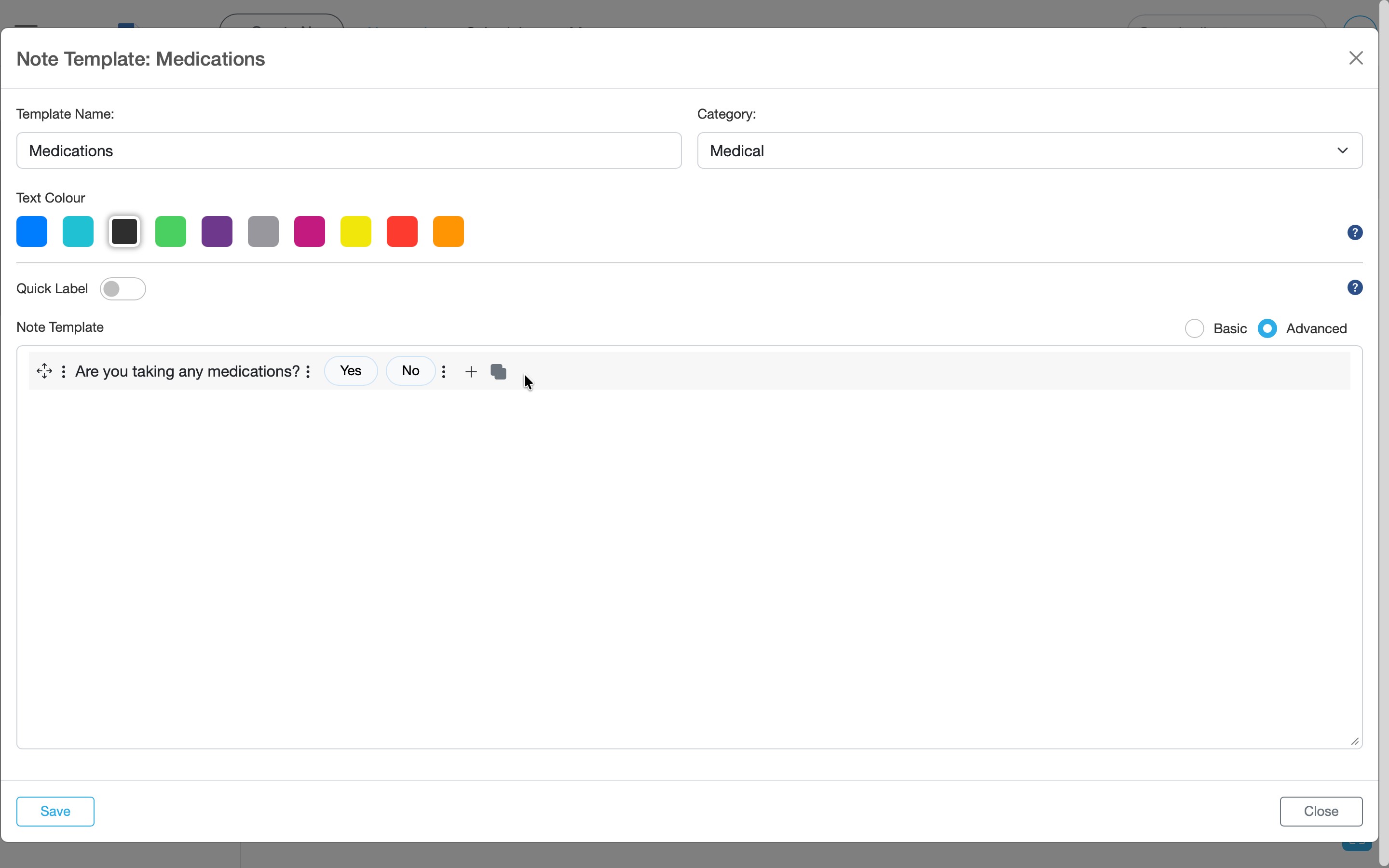Interactive button field displayed inside the note template editor