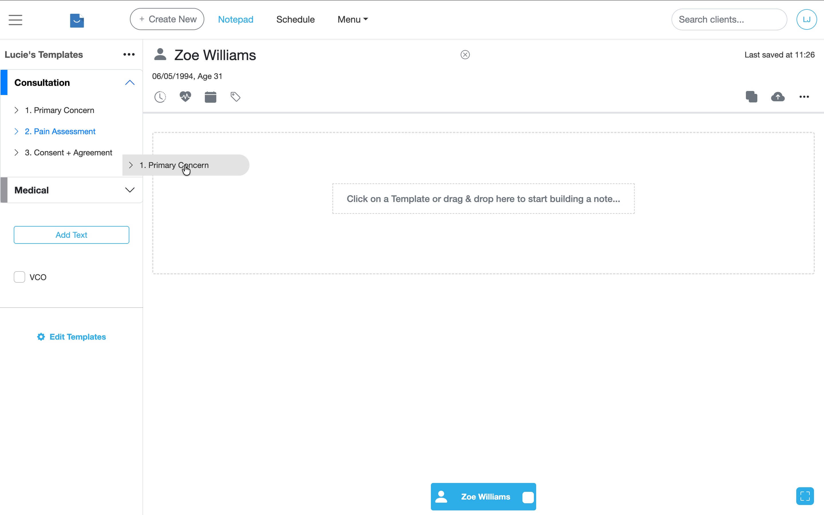 Selecting a treatment note template from the side menu