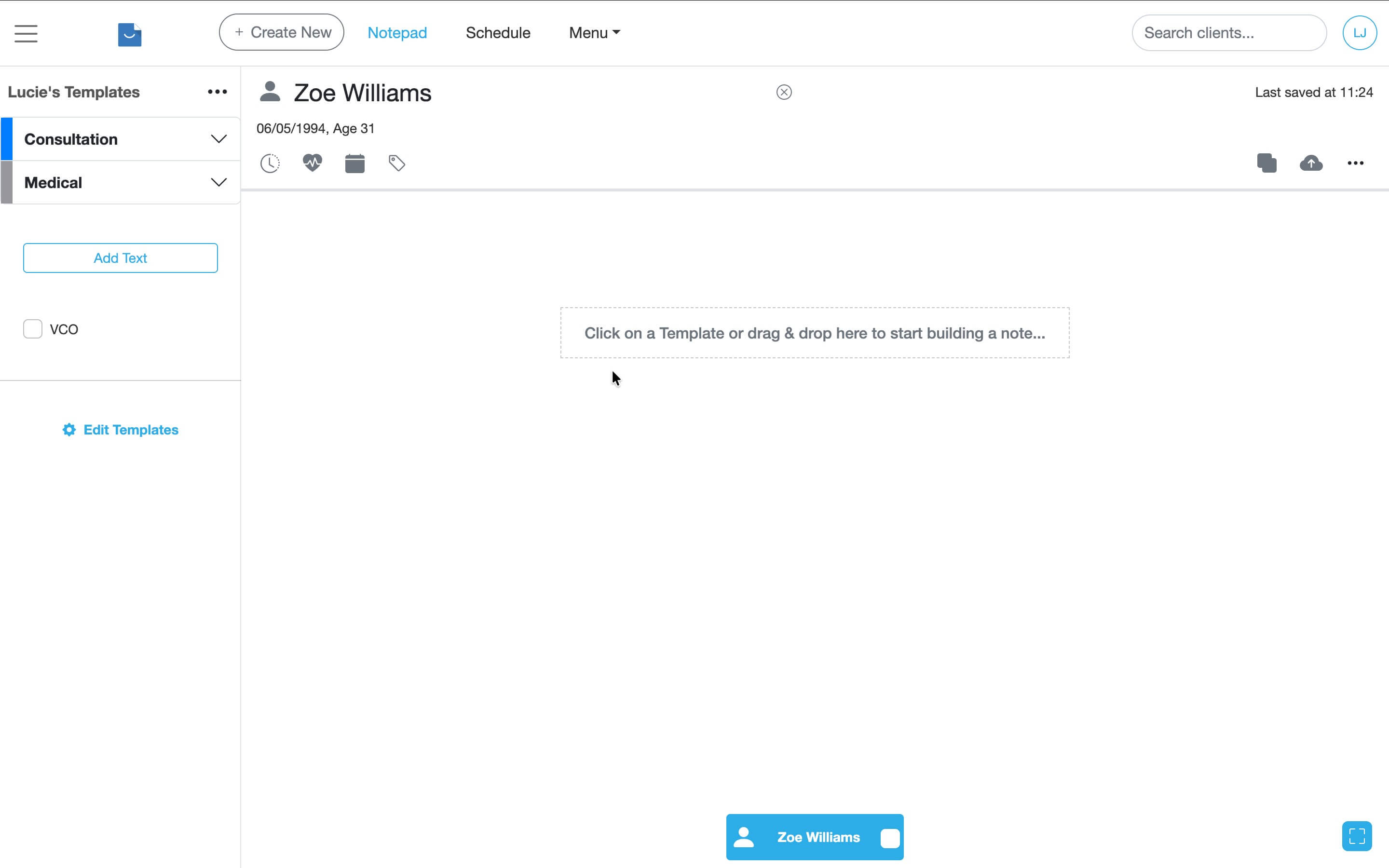 Client linked indicator showing a filled person icon with date of birth and age