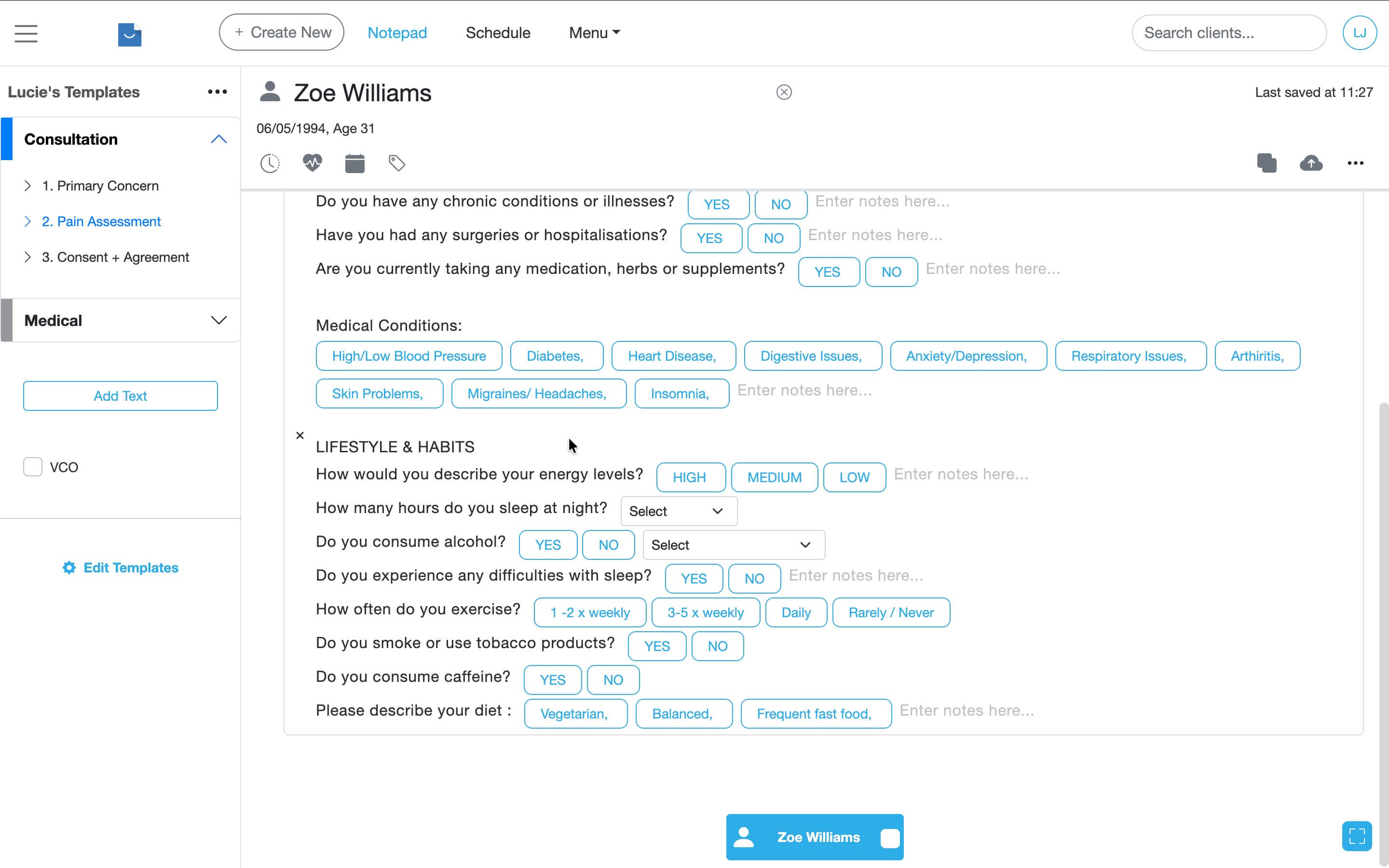 A treatment note template with buttons and dropdowns for quick selection