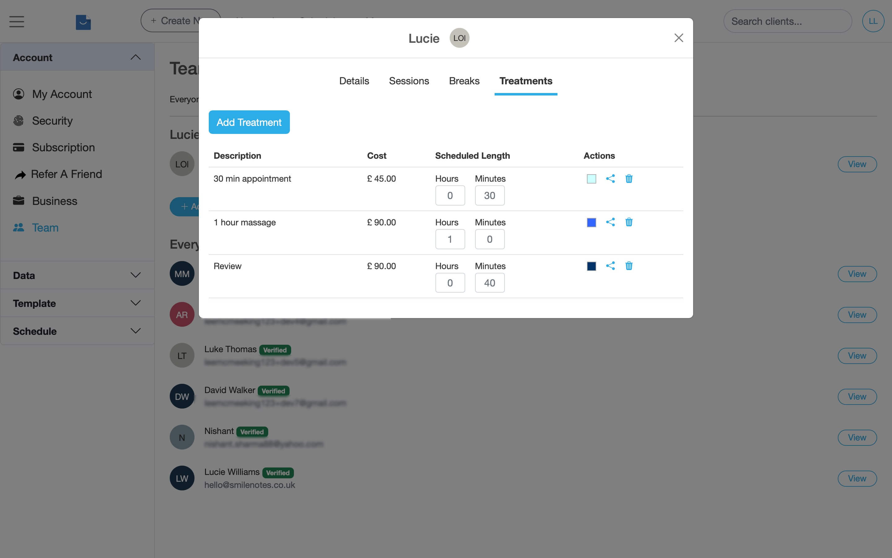 Team member profile in Smilenotes showing the Treatments tab.