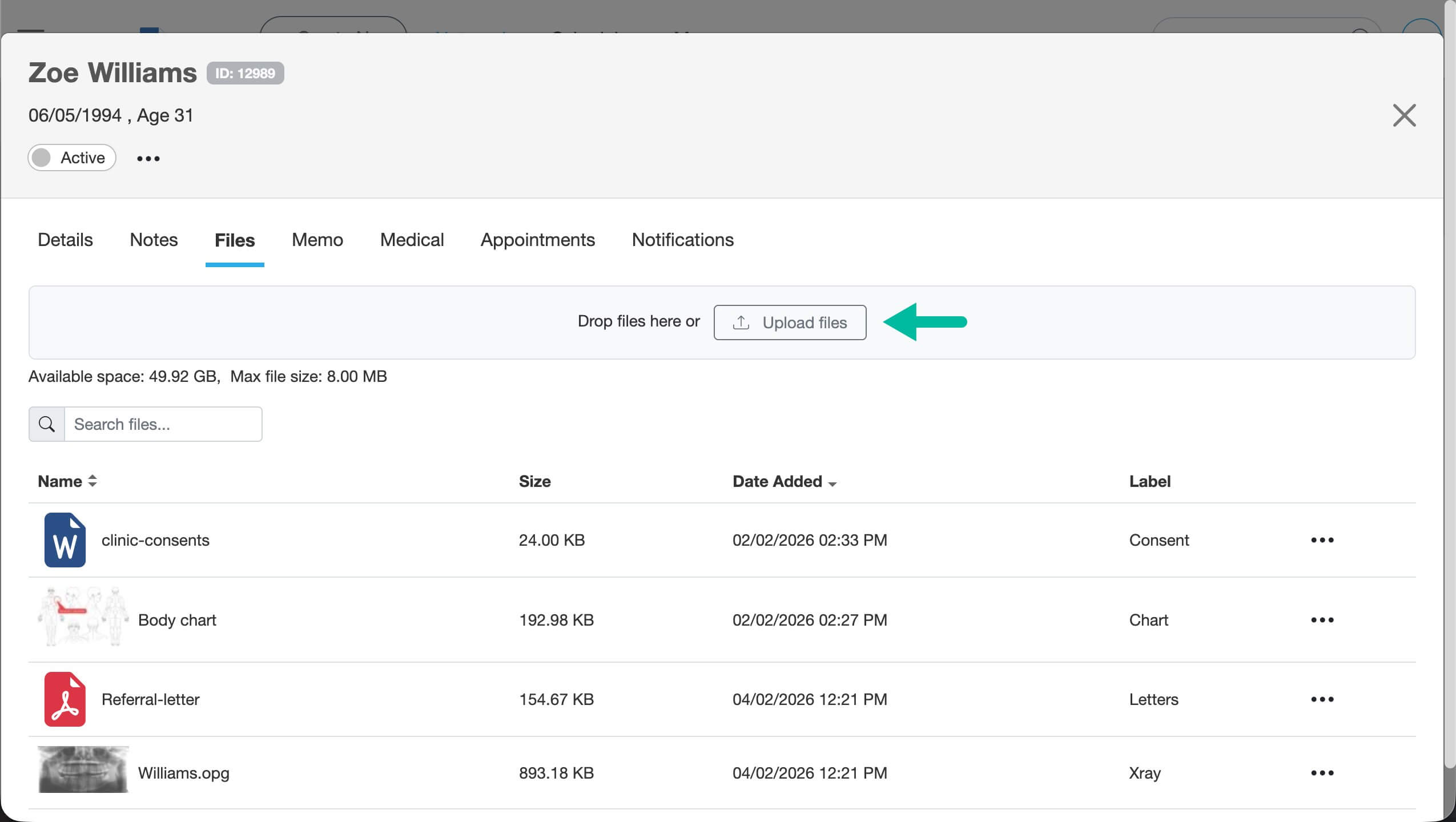 Client profile showing how to upload a file.