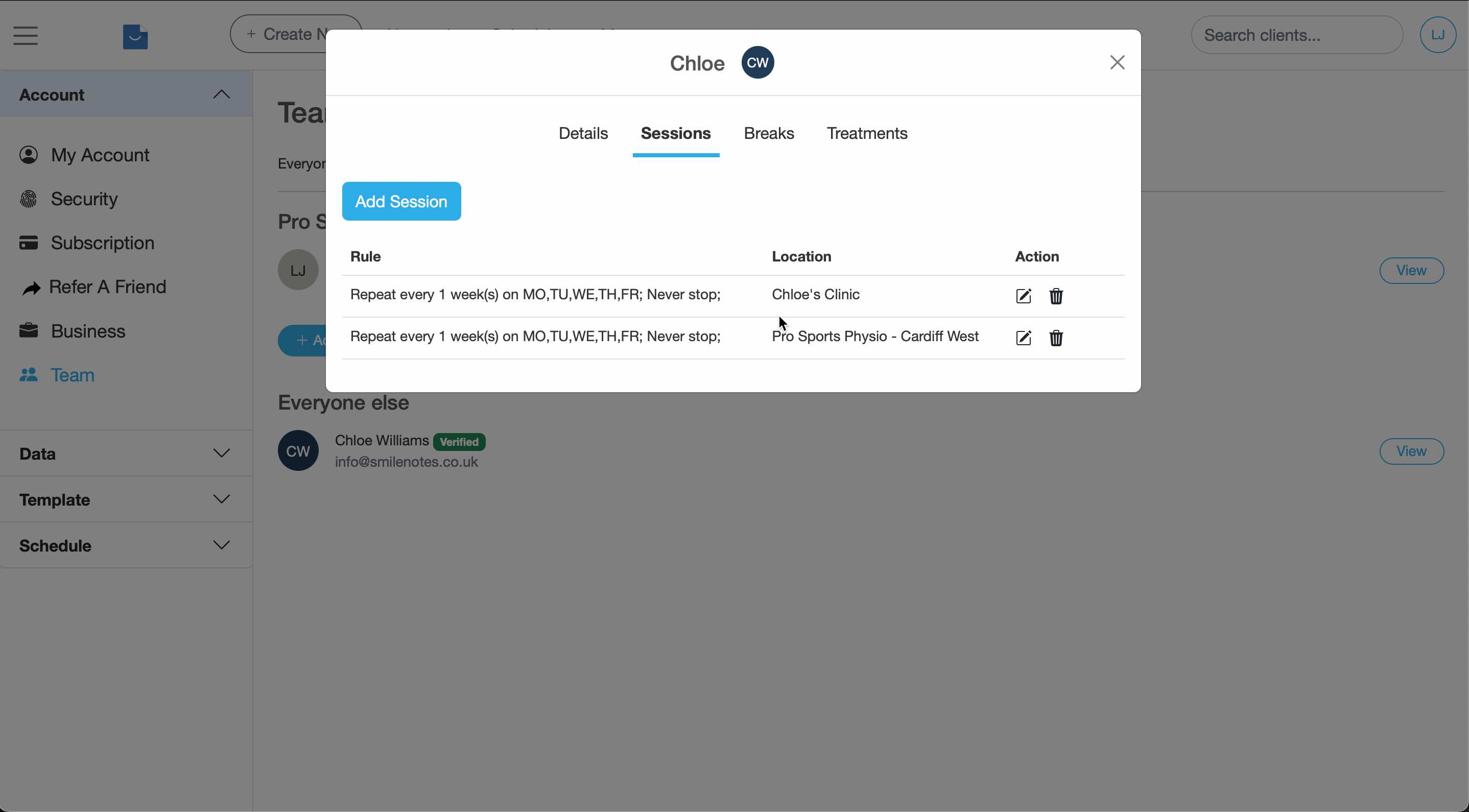 User profile with the Sessions tab selected, showing sessions listed by location.