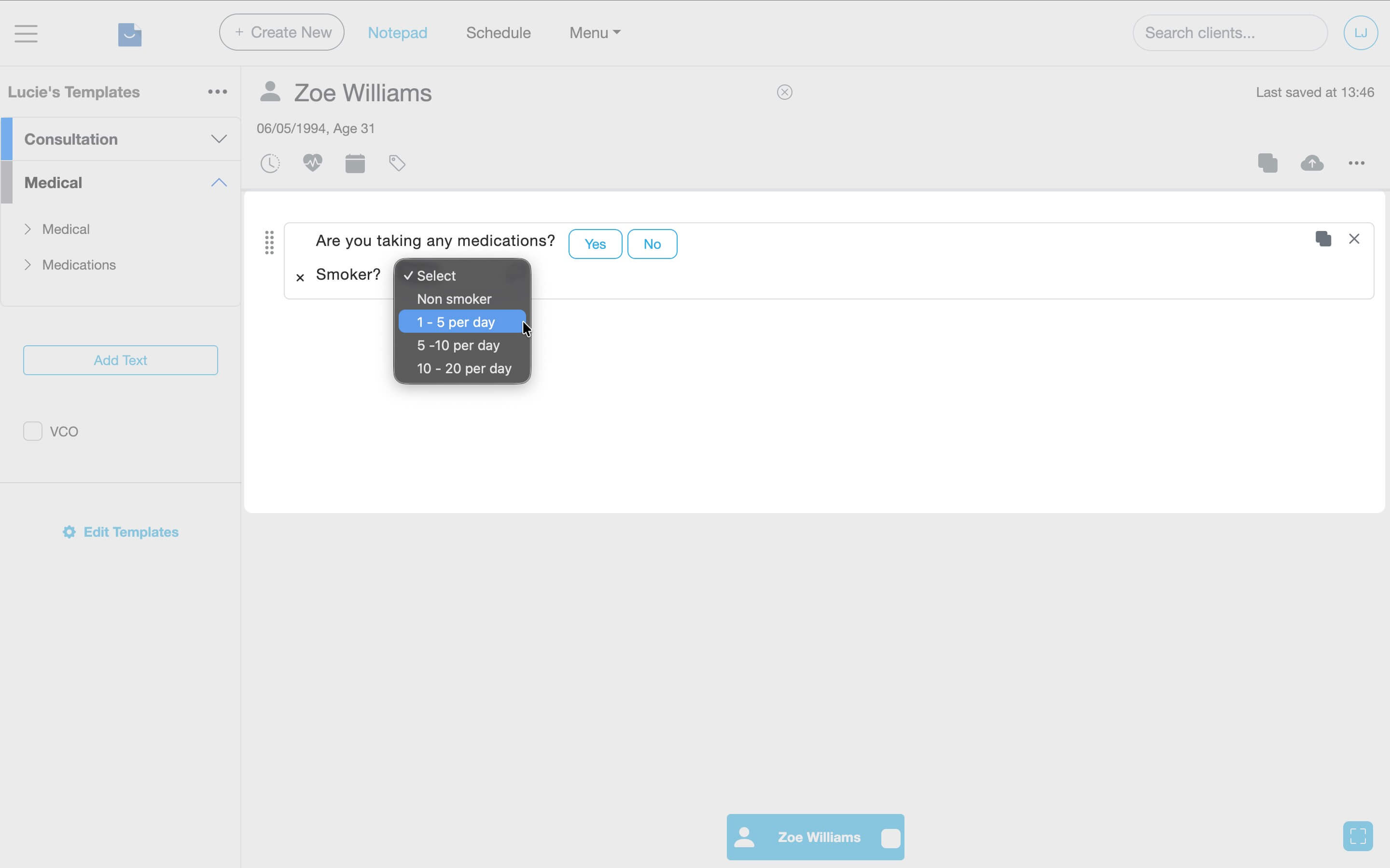Advanced note template in use showing Yes/No buttons and a dropdown with selectable options