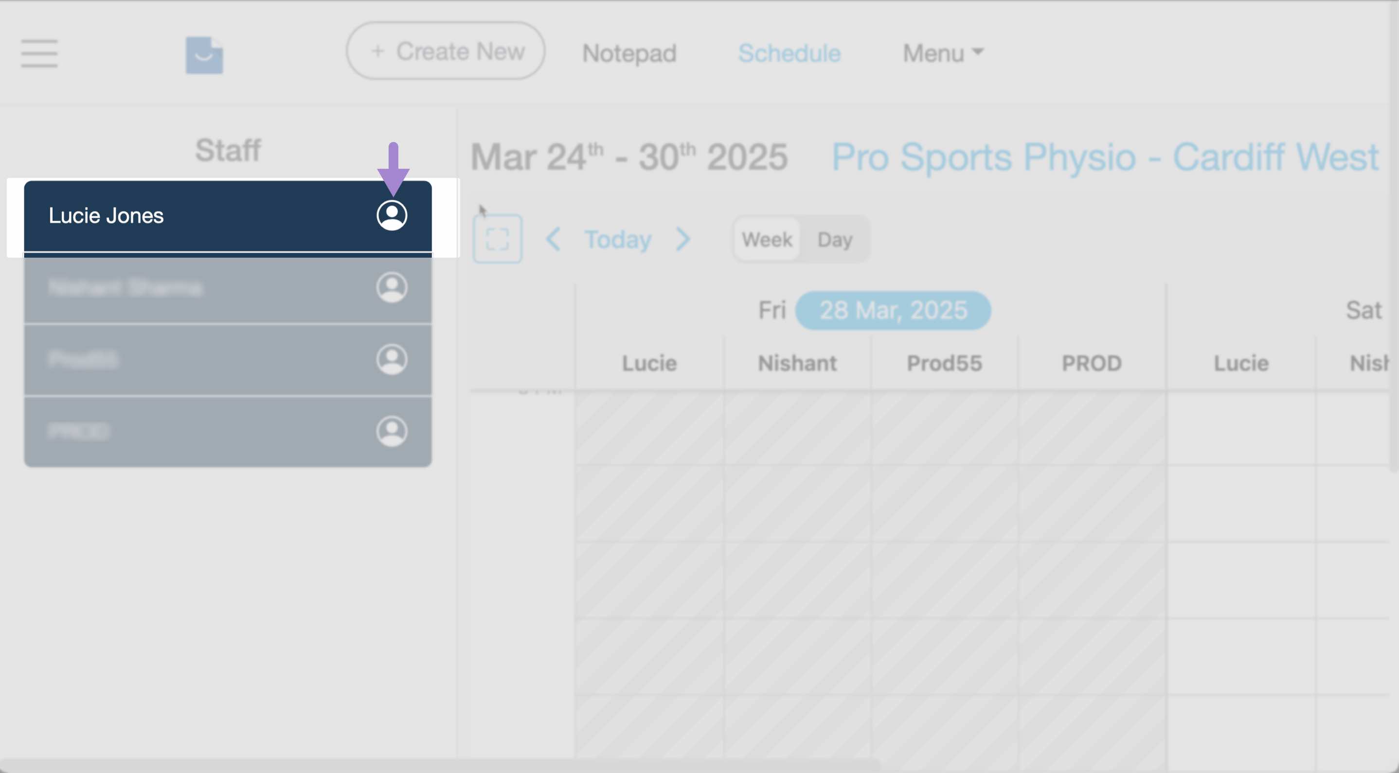 Schedule page showing the person icon used to open a team member profile.