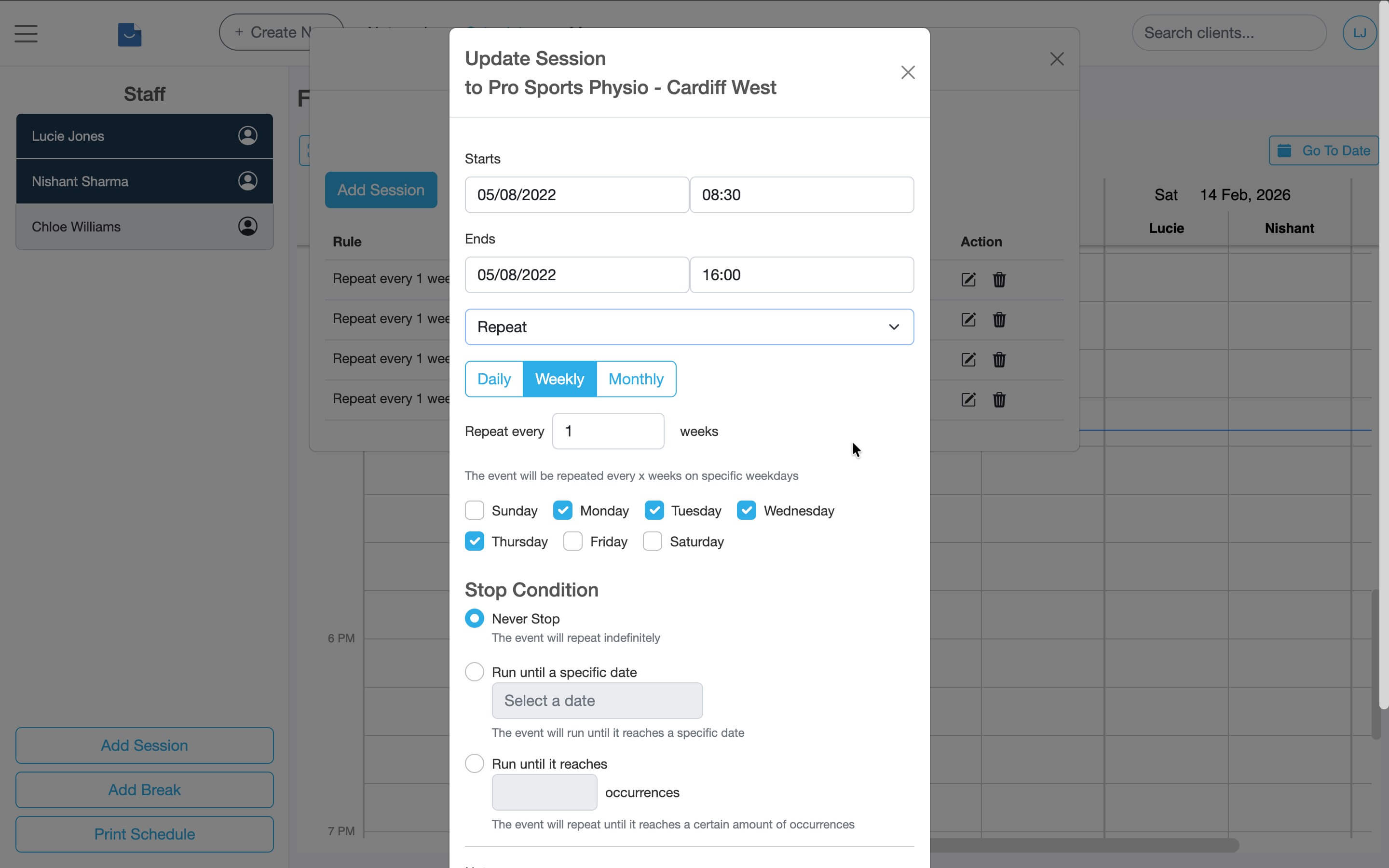 Session settings window displaying working hours, repeat schedule, weekday checkboxes, and stop options.