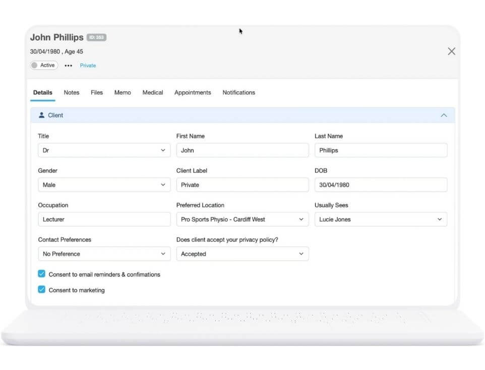 Smilenotes patient record card on a laptop
