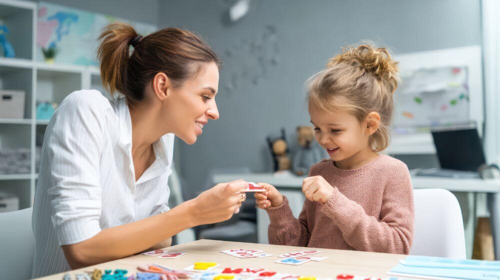 Speech Therapist Guiding Child with Visual Aids.
